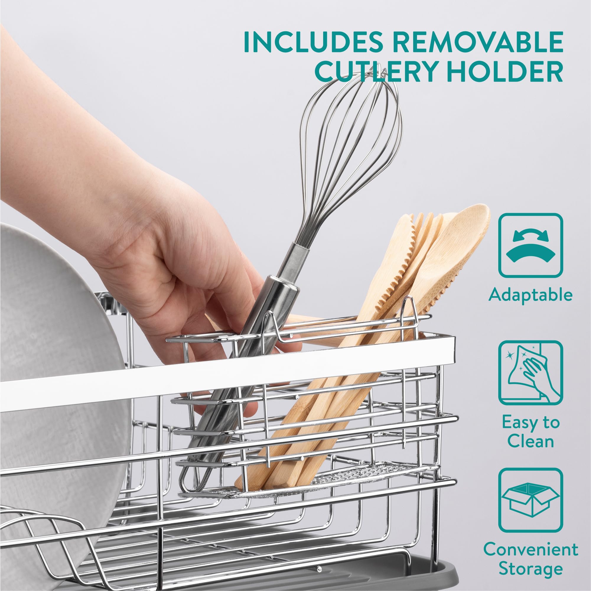 Navaris Compact Dish Drying Rack with Drip Tray and Wooden Handles – Silver