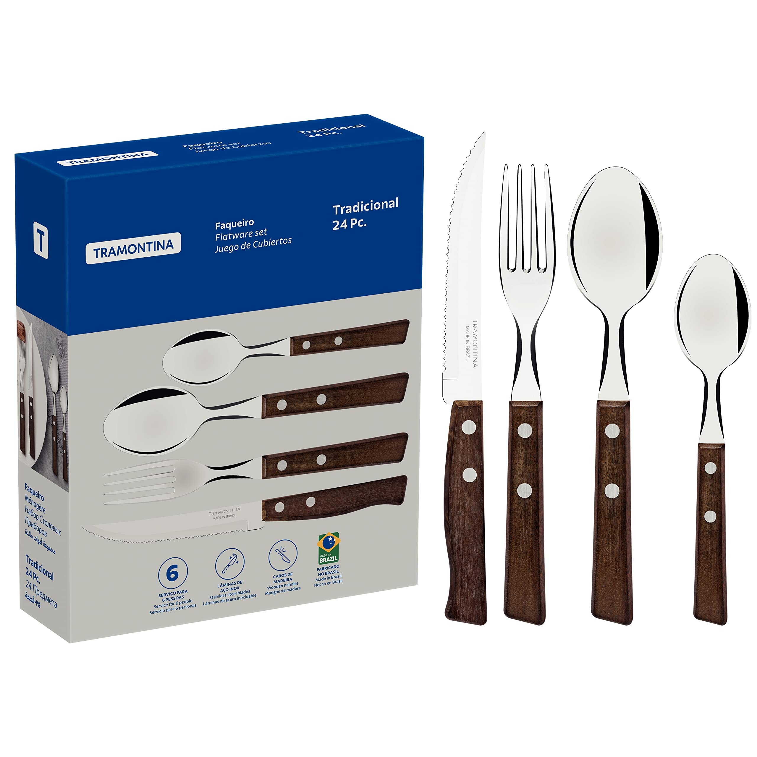 Tramontina 24-Piece Cutlery Set | Wooden Handle Steak Knives & Flatware