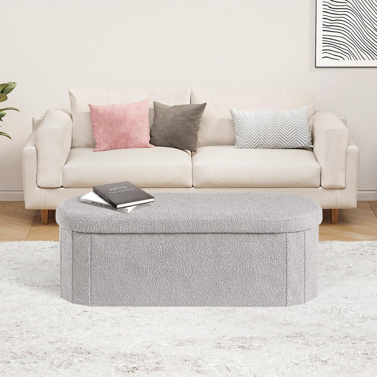 PINPLUS Foldable Oval Ottoman Storage Bench, Grey, 110x38x38 cm - image 2