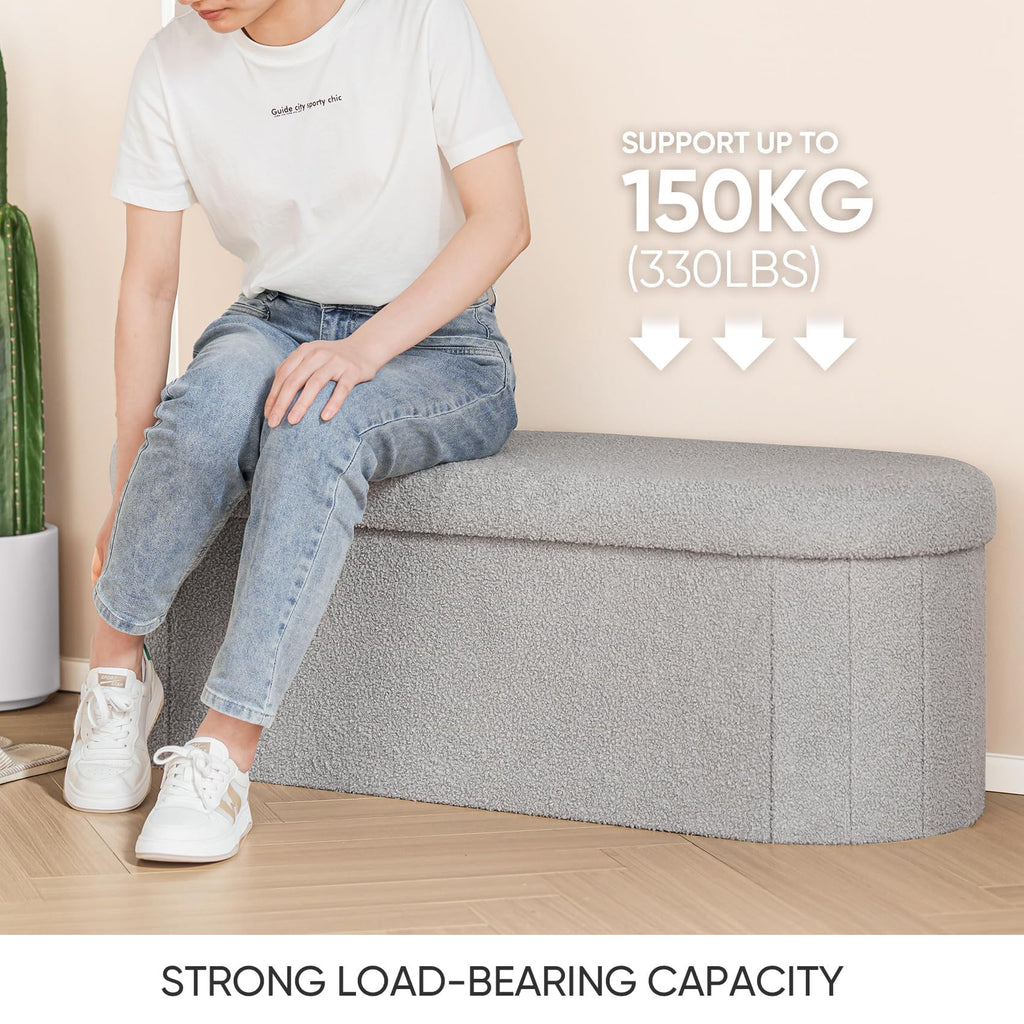 Bonlife Grey Boucle Folding Ottoman Storage Bench – 100L Oval Footstool