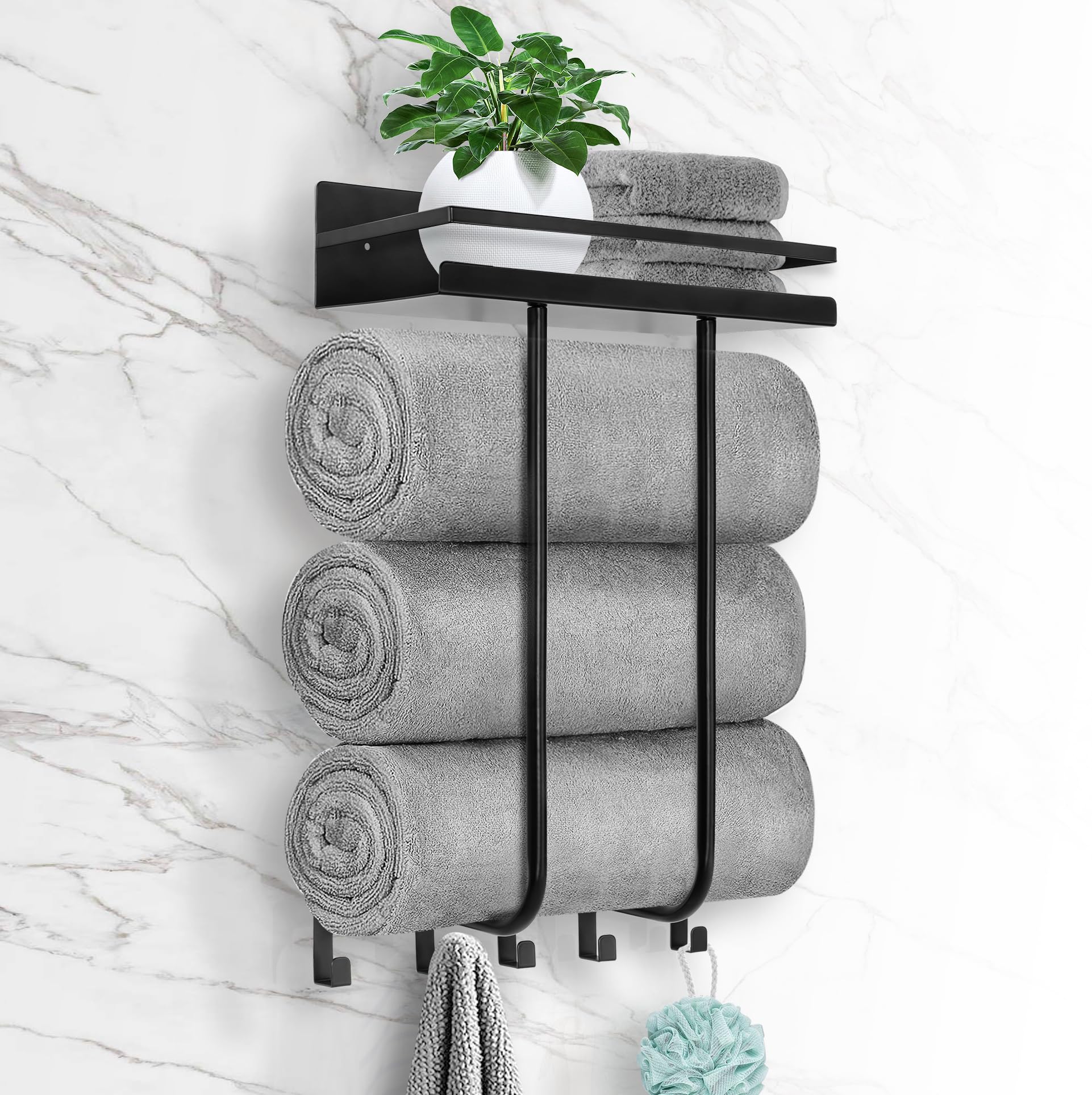 Jolof Store Wall Mounted Towel Rack with Metal Shelf and 5 Hooks