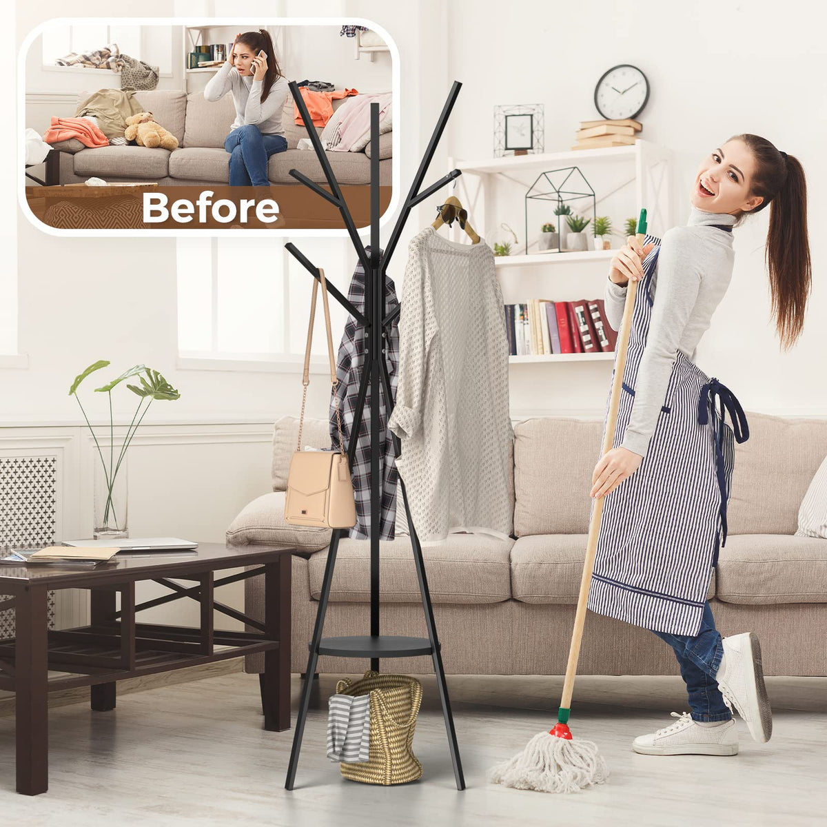 HOME BI Coat Rack Stand, Entryway Standing Coat Tree,Hat Stand Coat Hanger with 9 Hooks for Holding Jacket, Handbag, Clothes, Hats, and Scarves, Black - image 5