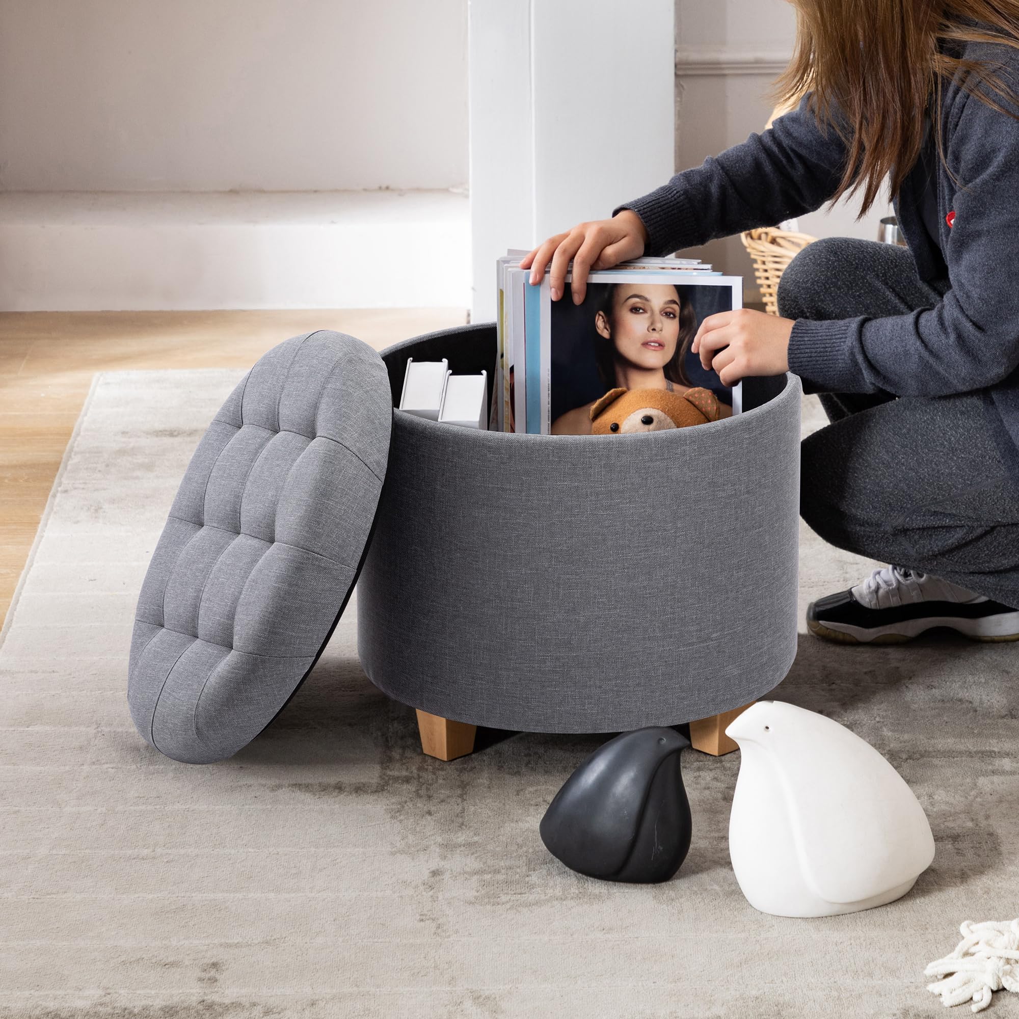 HNNHOME Round Linen Storage Ottoman – Padded Footstool Stool, 45cm