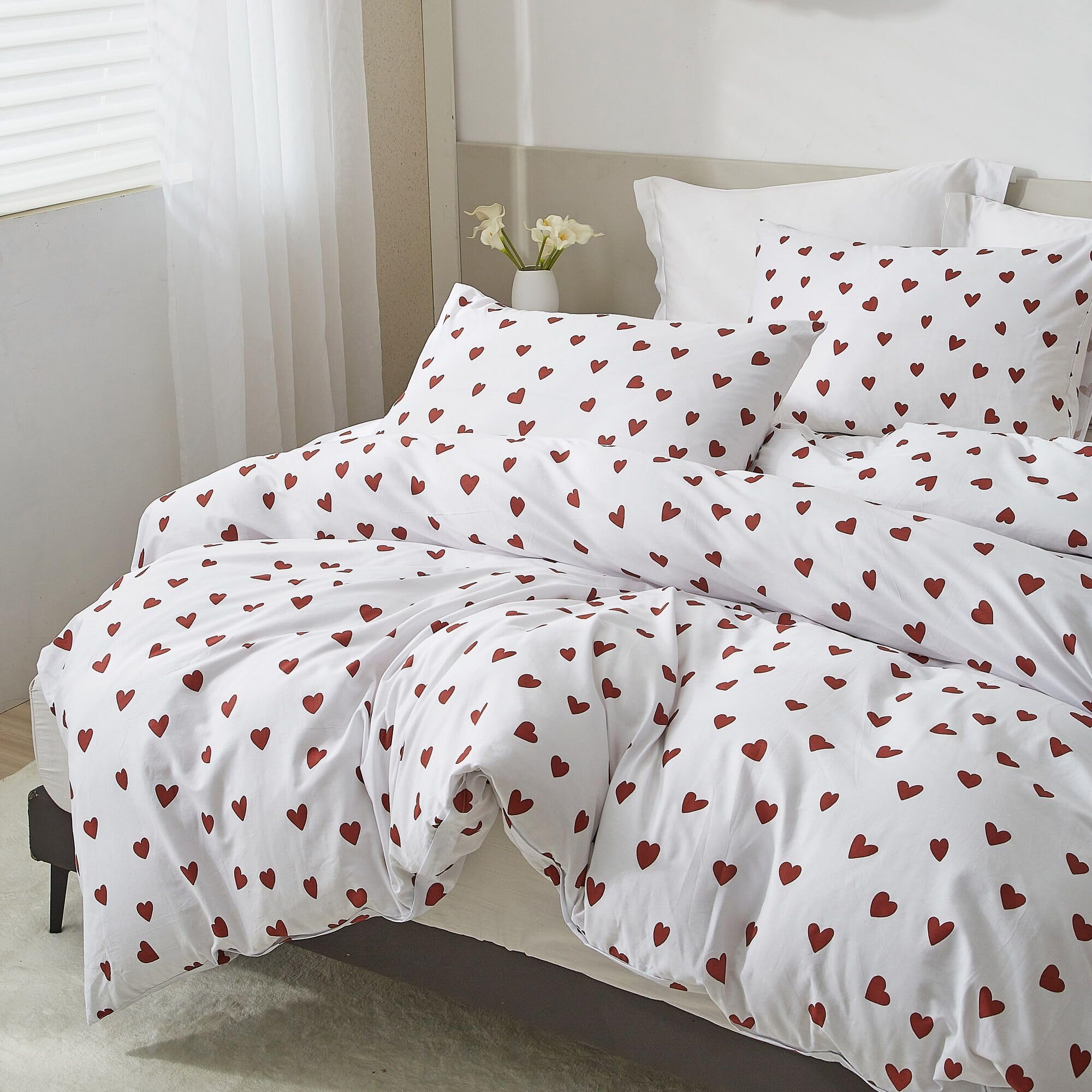 Ruccit Red Heart Duvet Cover Set | 100% Cotton Double Bedding - 3pcs