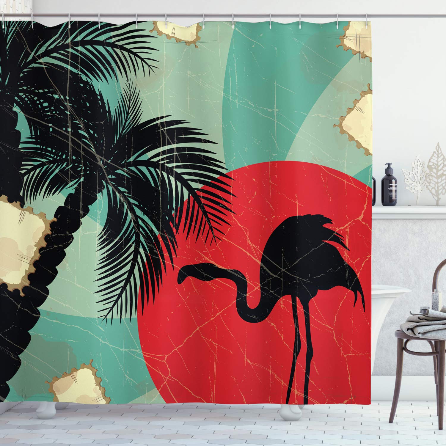 ABAKUHAUS Tropical Flamingo Fabric Shower Curtain | Retro Hawaiian Decor
