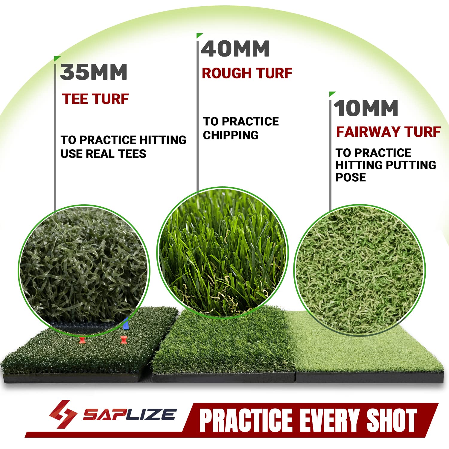 SAPLIZE 3-in-1 Golf Hitting Mat – Foldable Tri-Turf Practice Mat, 30"x15"