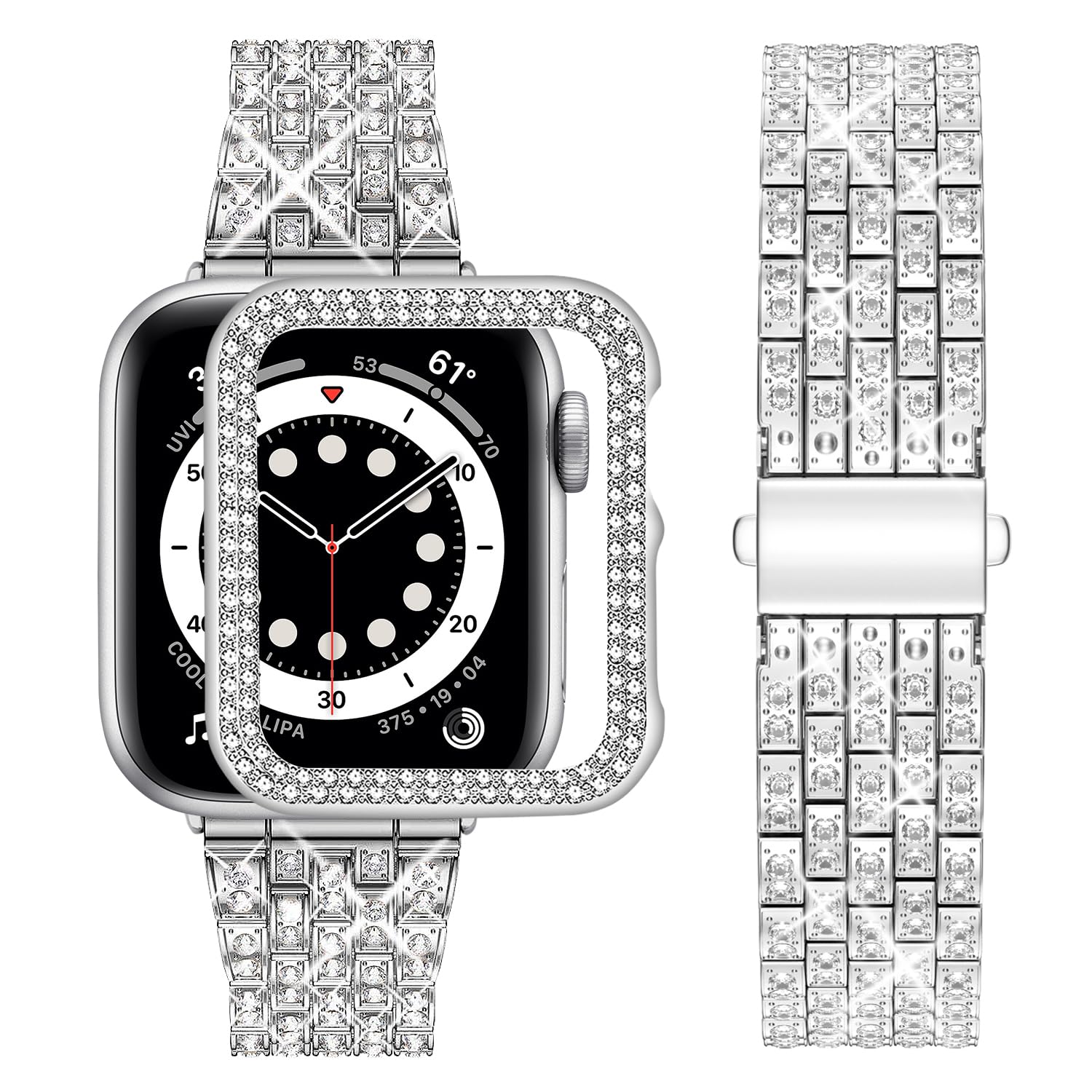 wutwuk Bling Apple Watch Strap 40mm – Silver Rhinestone Metal Band