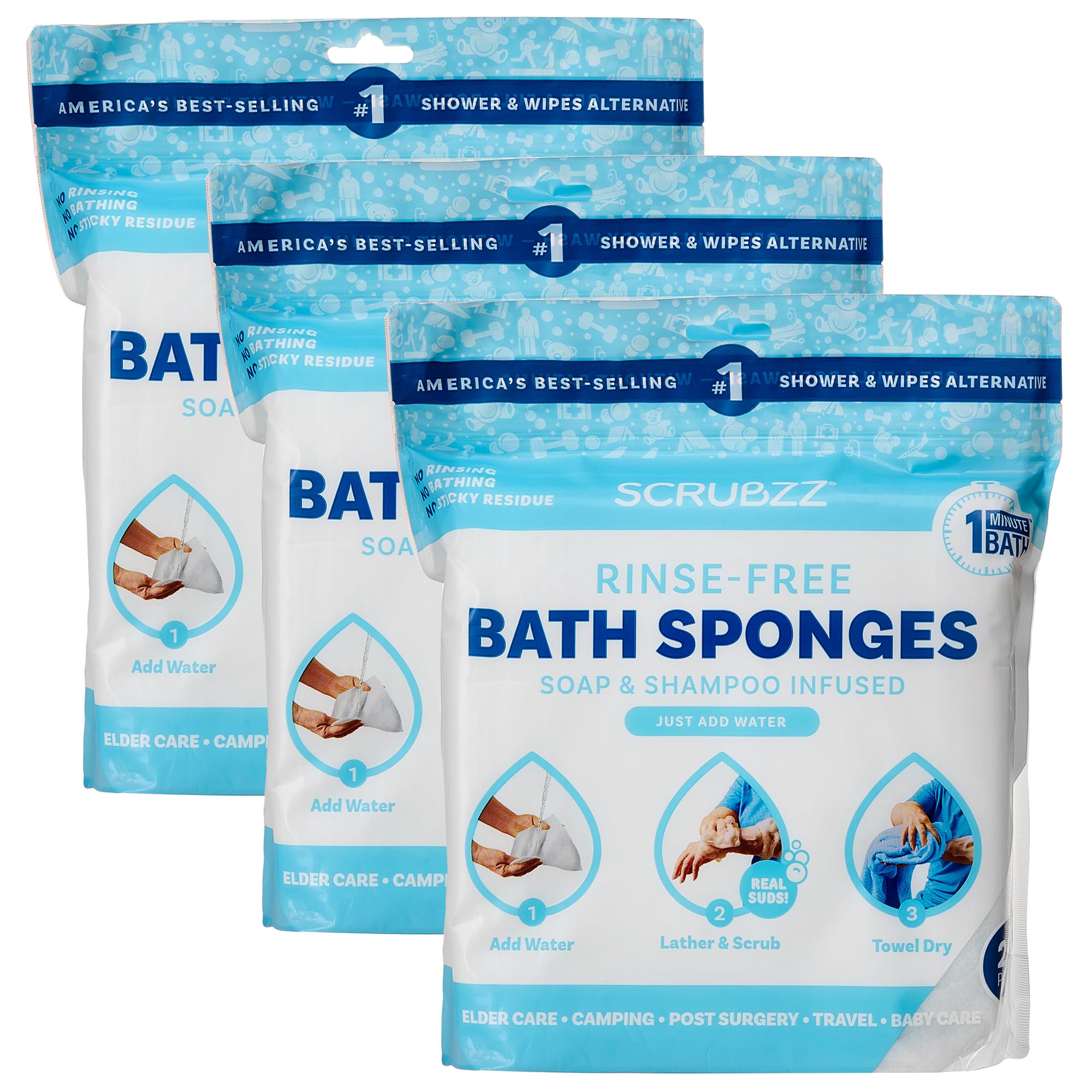 Scrubzz No Rinse Bathing Wipes – Unscented Disposable Sponges (75 Count)