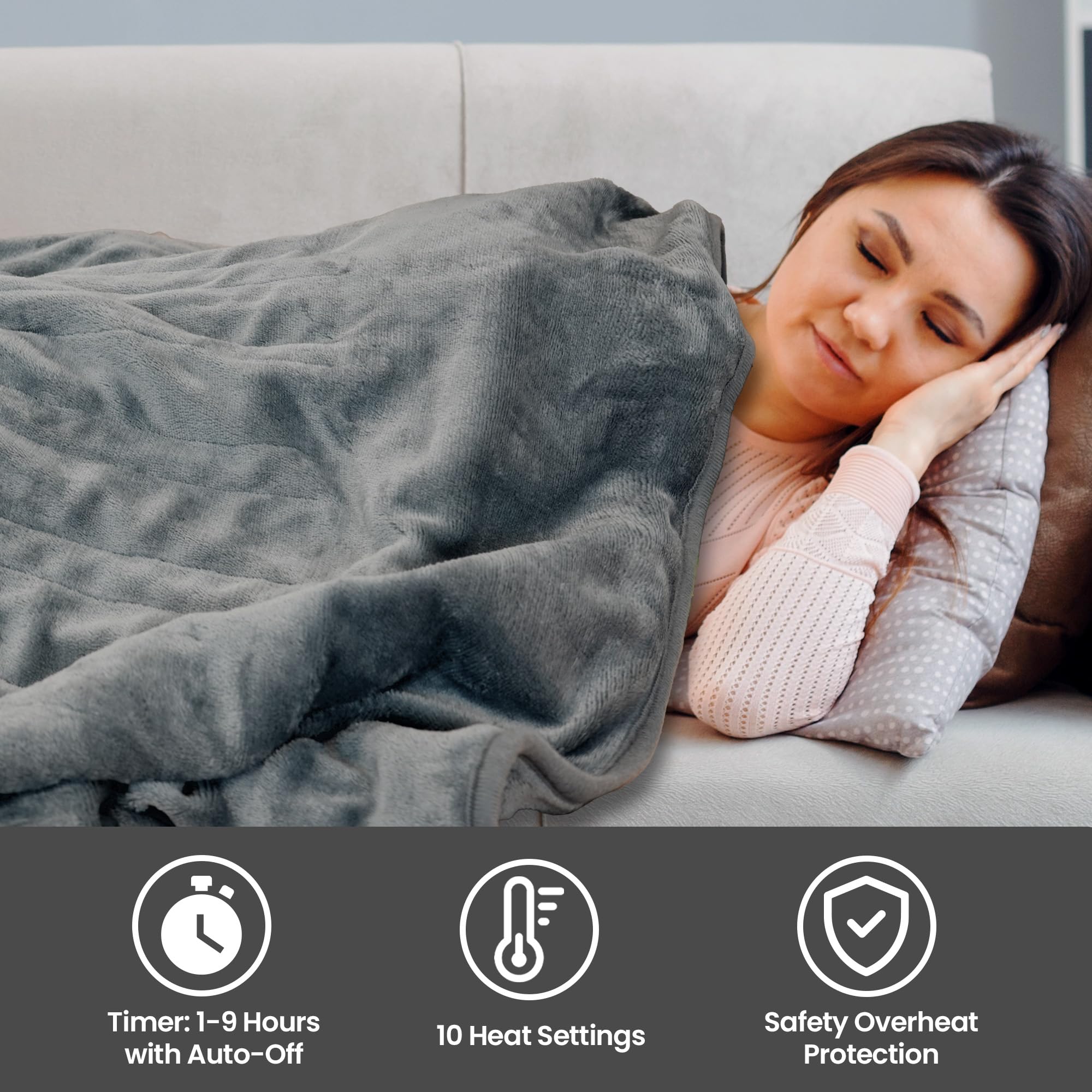 Schallen Grey Heated Throw Blanket – 10 Heat Settings & Timer – 120x160cm