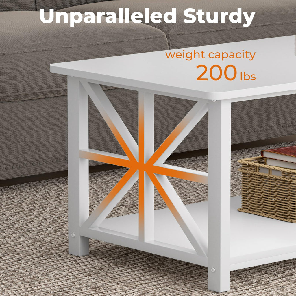 GreenForest 2-Tier Coffee Table – 100cm X-Frame Center Table, White