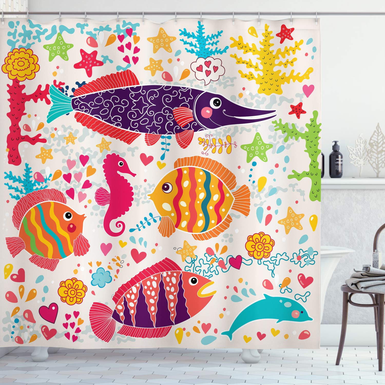 Abakuhaus Sea Animals Shower Curtain | Waterproof Turkish Fabric – 94" x 69"