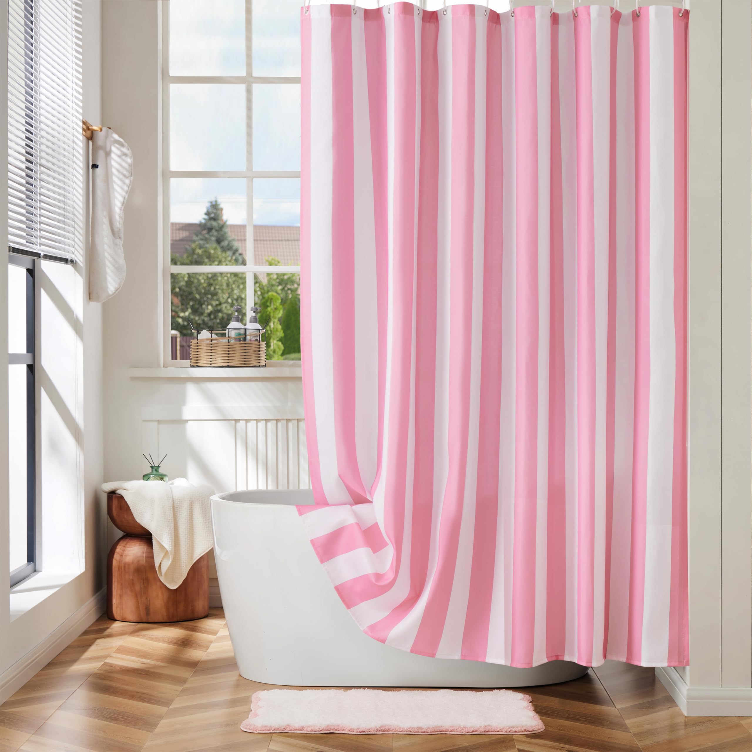 Ohocut Pink Vertical Striped Shower Curtain | Waterproof Polyester Fabric