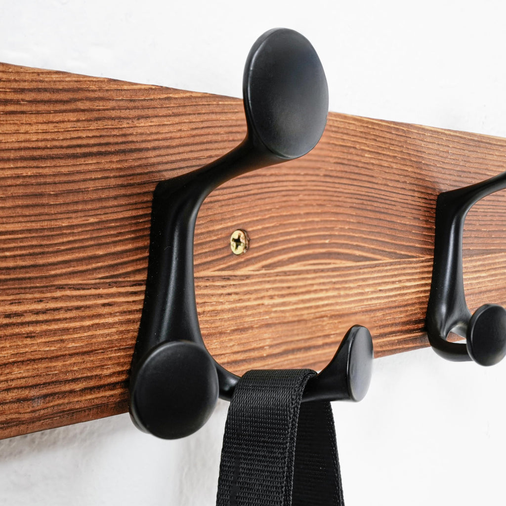 HONSKY Wall Mounted Coat Rack, 43cm Brown Pine Wood Base, 3 Black Sturdy Aluminium Alloy Triple Hooks 9 Hanging Points - image 3