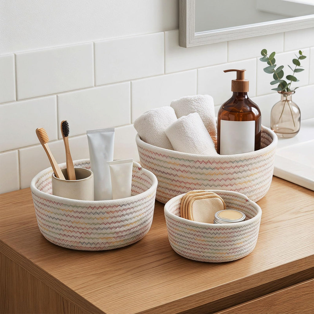 3 Pcs Small Woven Baskets, Cotton Rope Round Organizer for Shelves - image 5