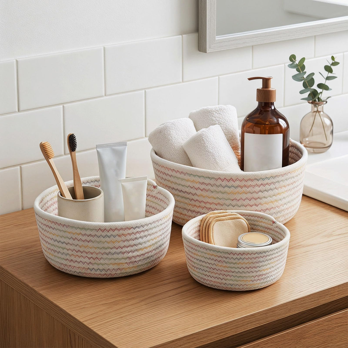 3 Pcs Small Woven Baskets, Cotton Rope Round Organizer for Shelves - image 5
