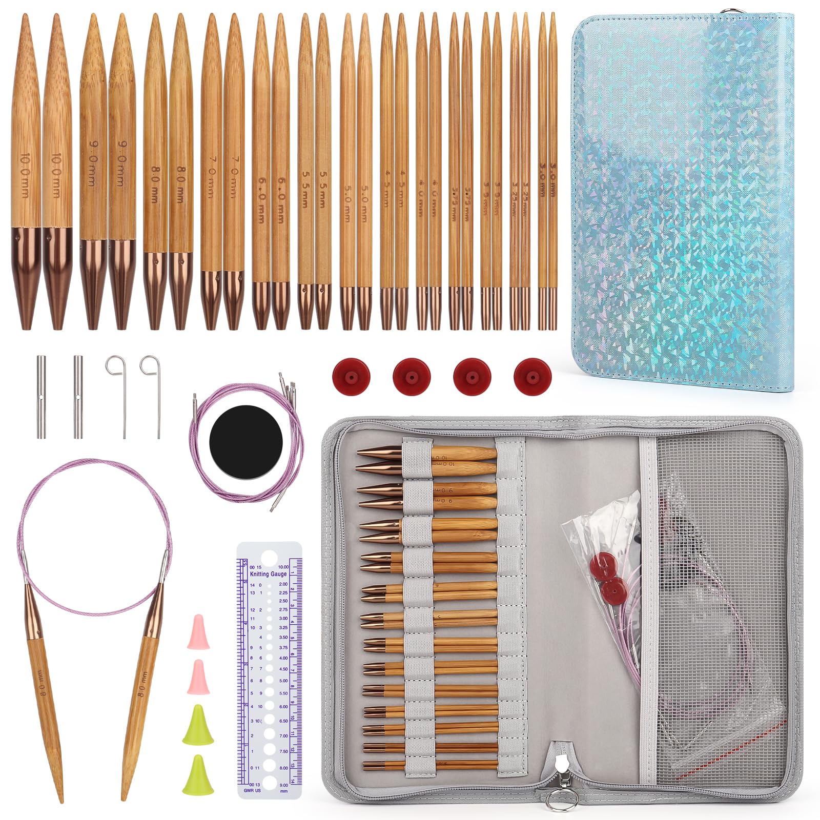 Aeelike Bamboo Interchangeable Circular Knitting Needles Set - 13 Pairs