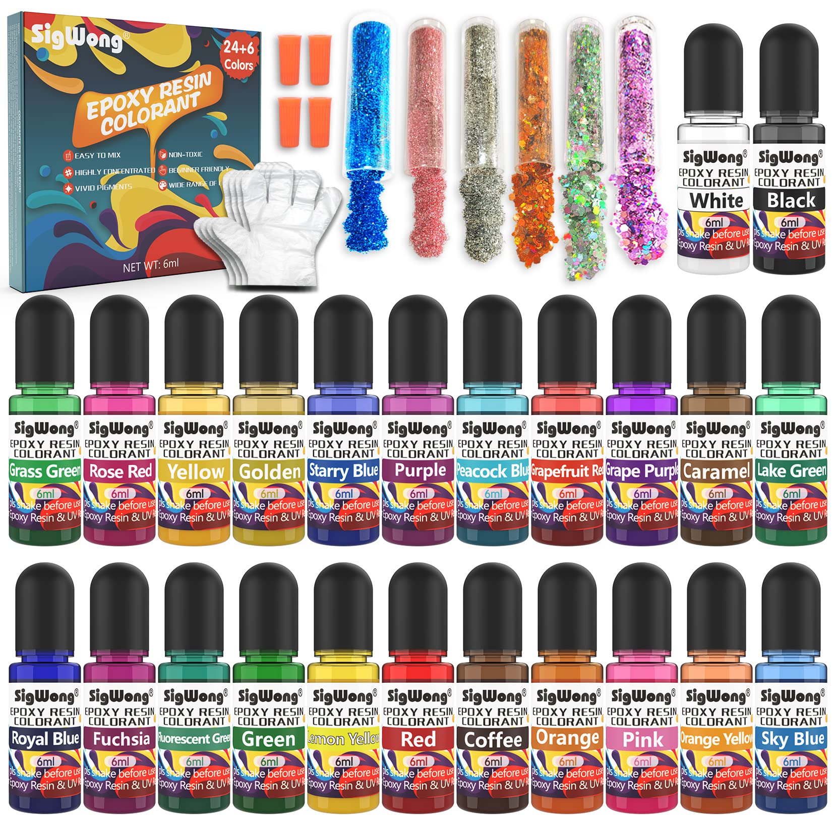 Jolof Store Epoxy Resin Pigment - 24 Color Liquid Dye with 6 Glitters