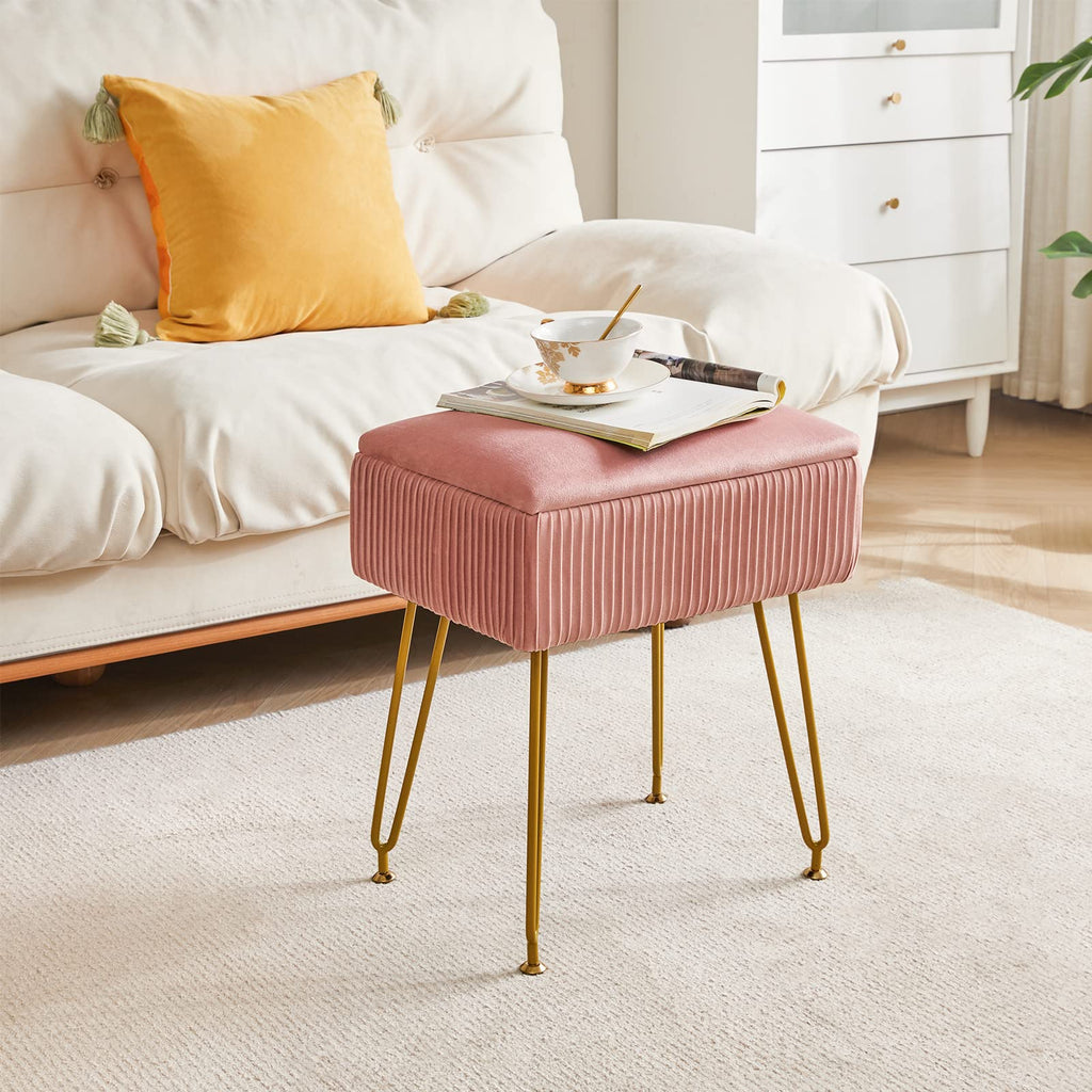 YMYNY Velvet Storage Ottoman | Pink Vanity Stool with Metal Legs