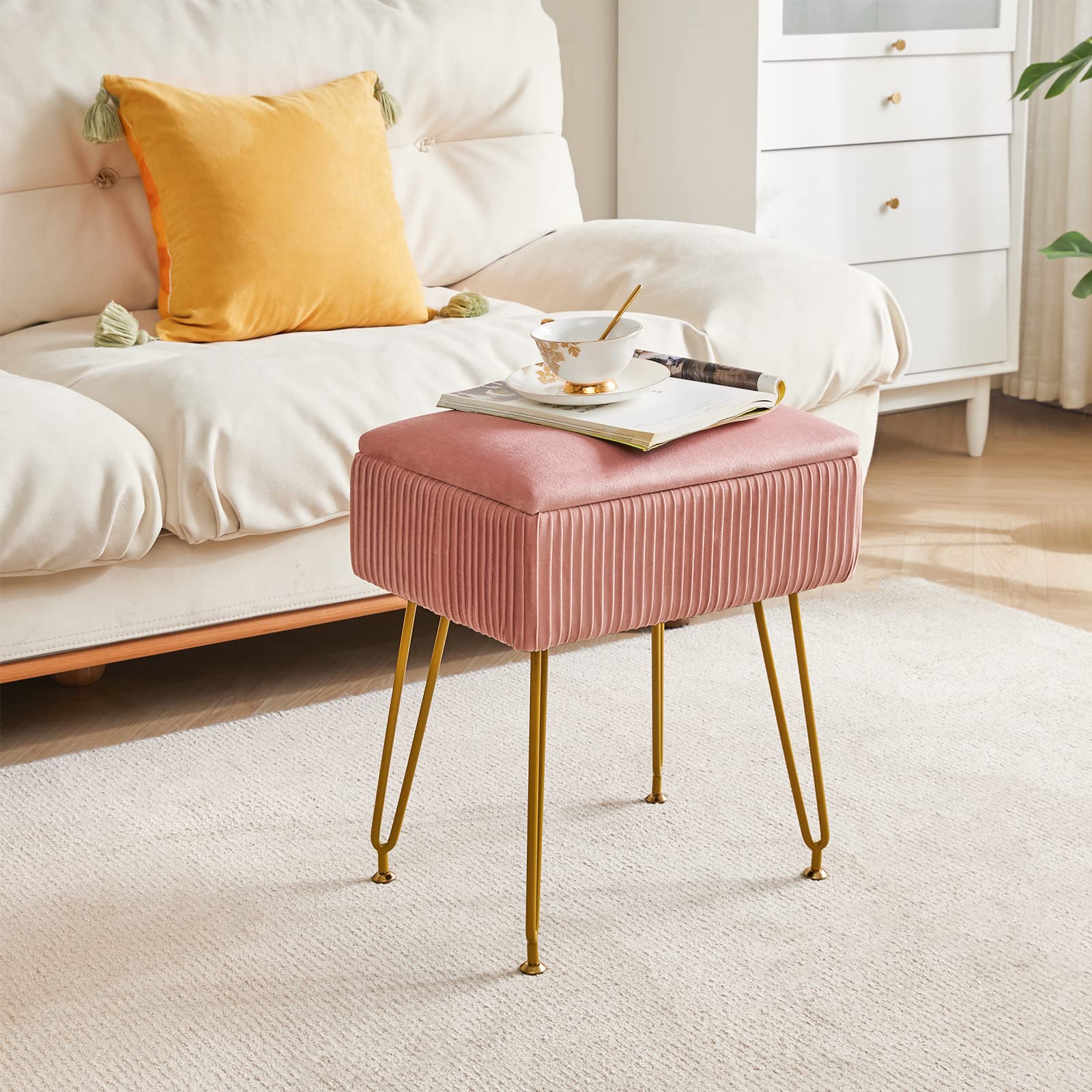 YMYNY Velvet Storage Ottoman | Pink Vanity Stool with Metal Legs
