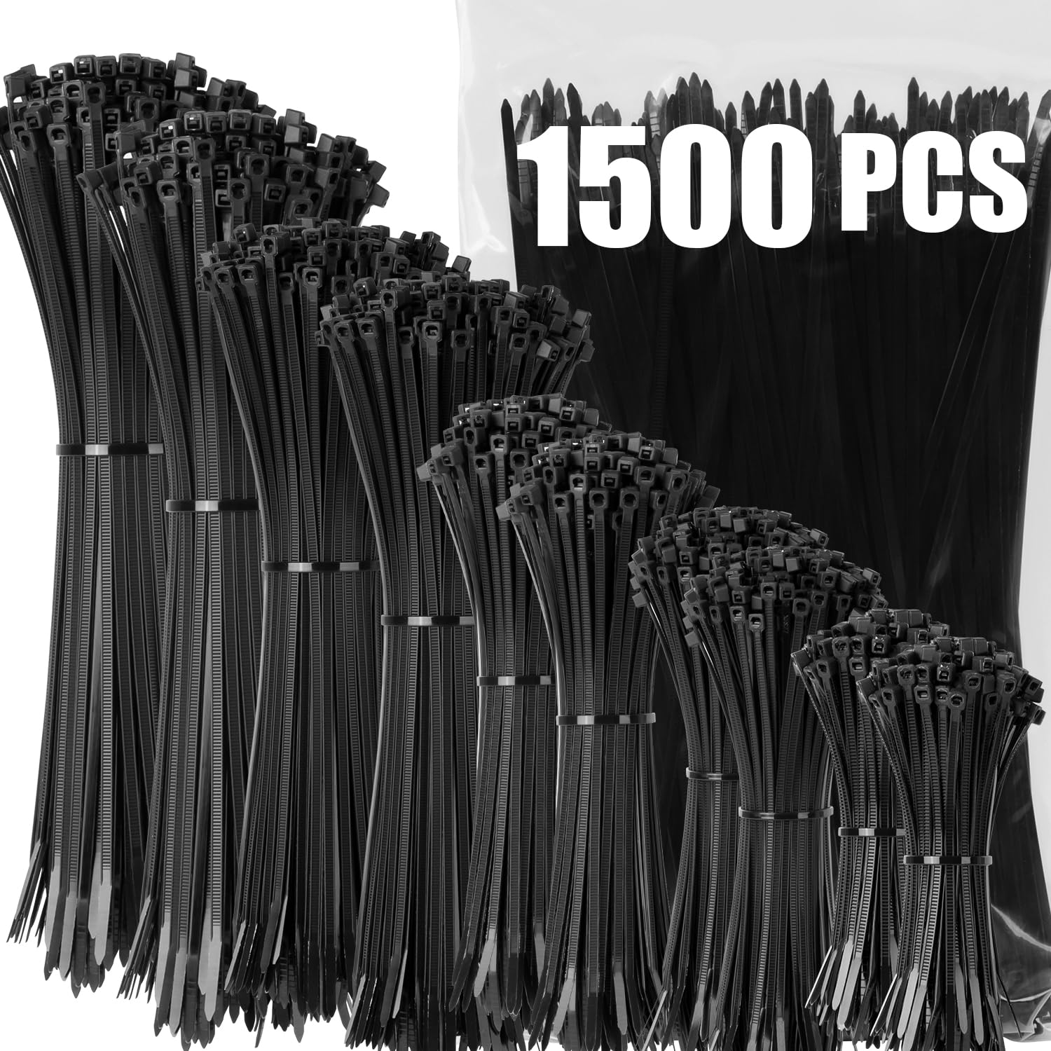 XINGO Black Nylon Cable Zip Ties - 1500 Pack Assorted Sizes 4-12 Inch
