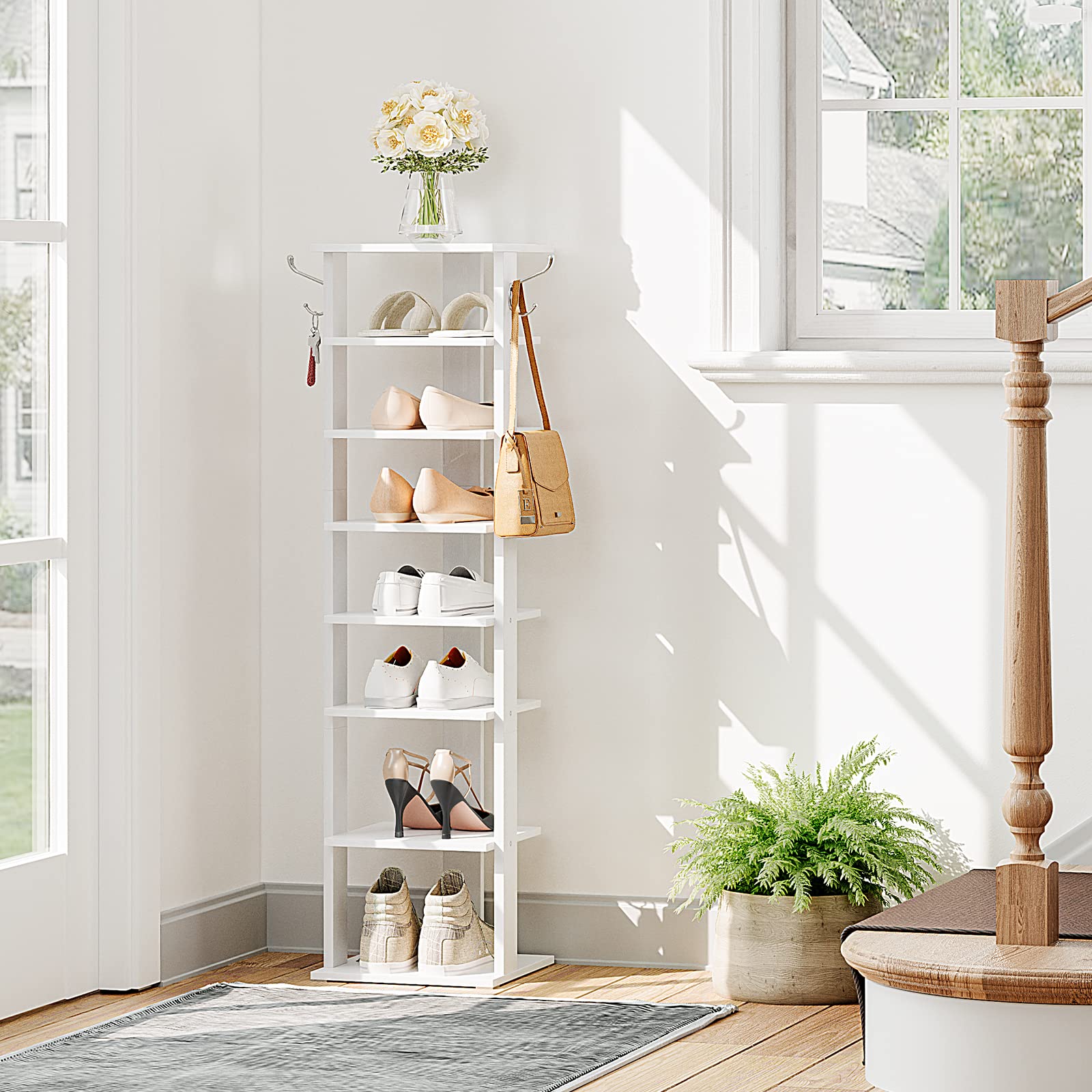 HOOBRO 8-Tier Narrow Shoe Rack – Tall White Wooden Vertical Storage Tower