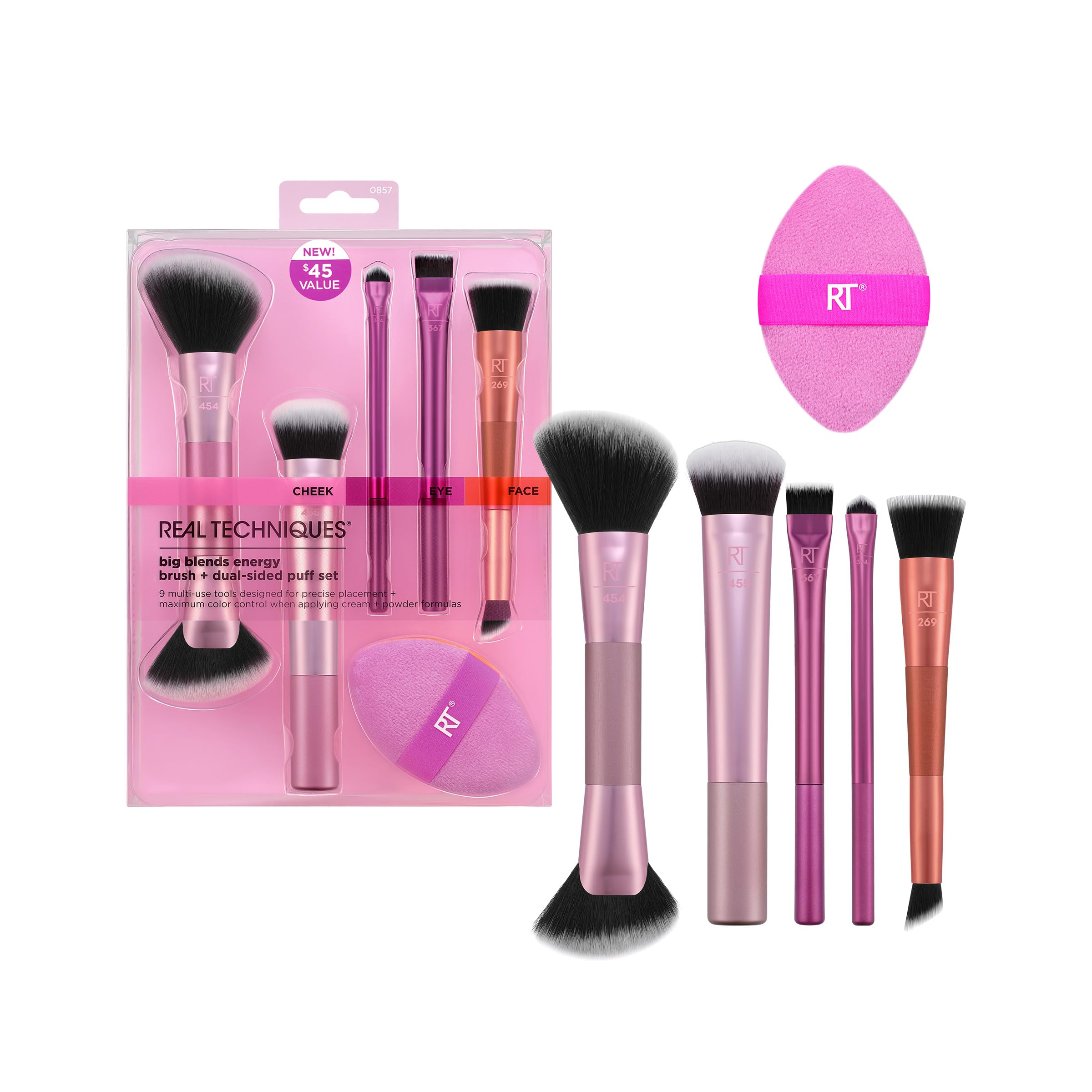 Real Techniques Big Blends Energy 6-Piece Makeup Brush & Puff Set