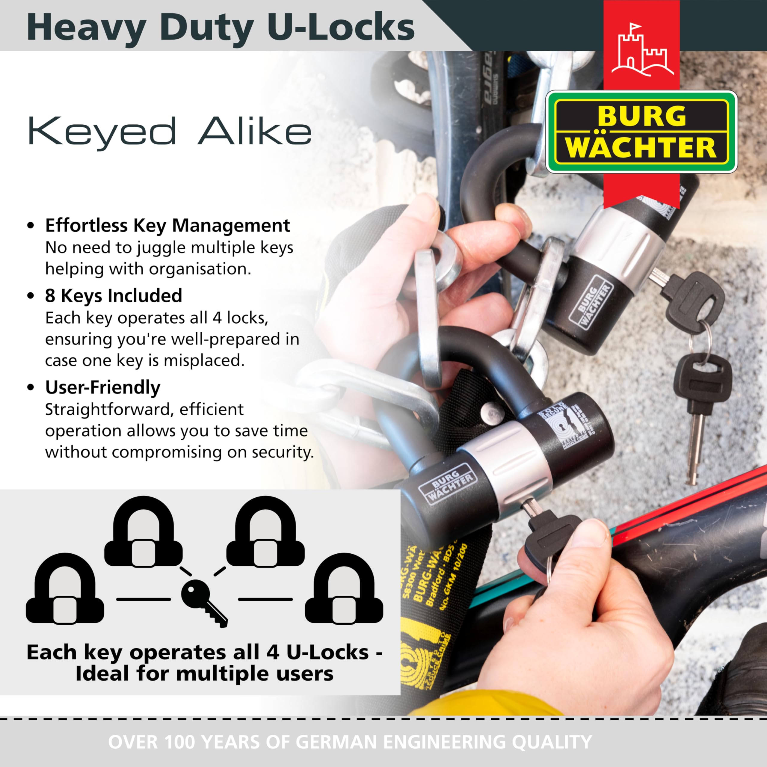 Burg-Wächter 100D Quadra U-Lock - Quad Keyed Alike Gold Security Pack