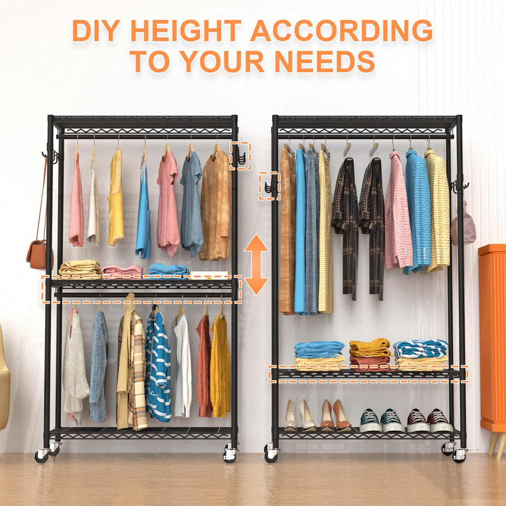 VyGrow Clothes Rail, Clothes Rack for Hanging Clothes, 3 Tiers Adjustable Garment Rack with Wheels, Double Rods, Side Hooks, Heavy Duty, Black