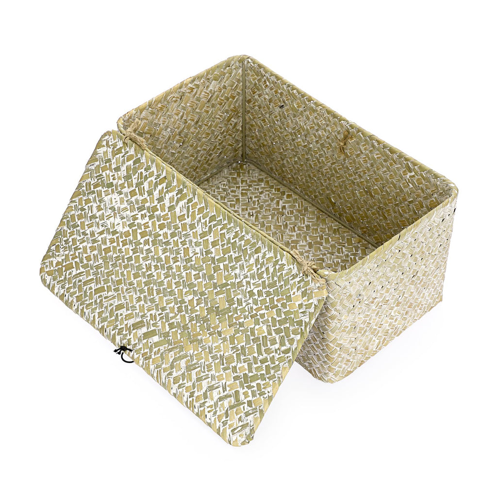 IGNPION Seagrass Storage Basket with Lid Woven Wicker Desktop Basket Rectangular Bathroom Storage Organiser Box