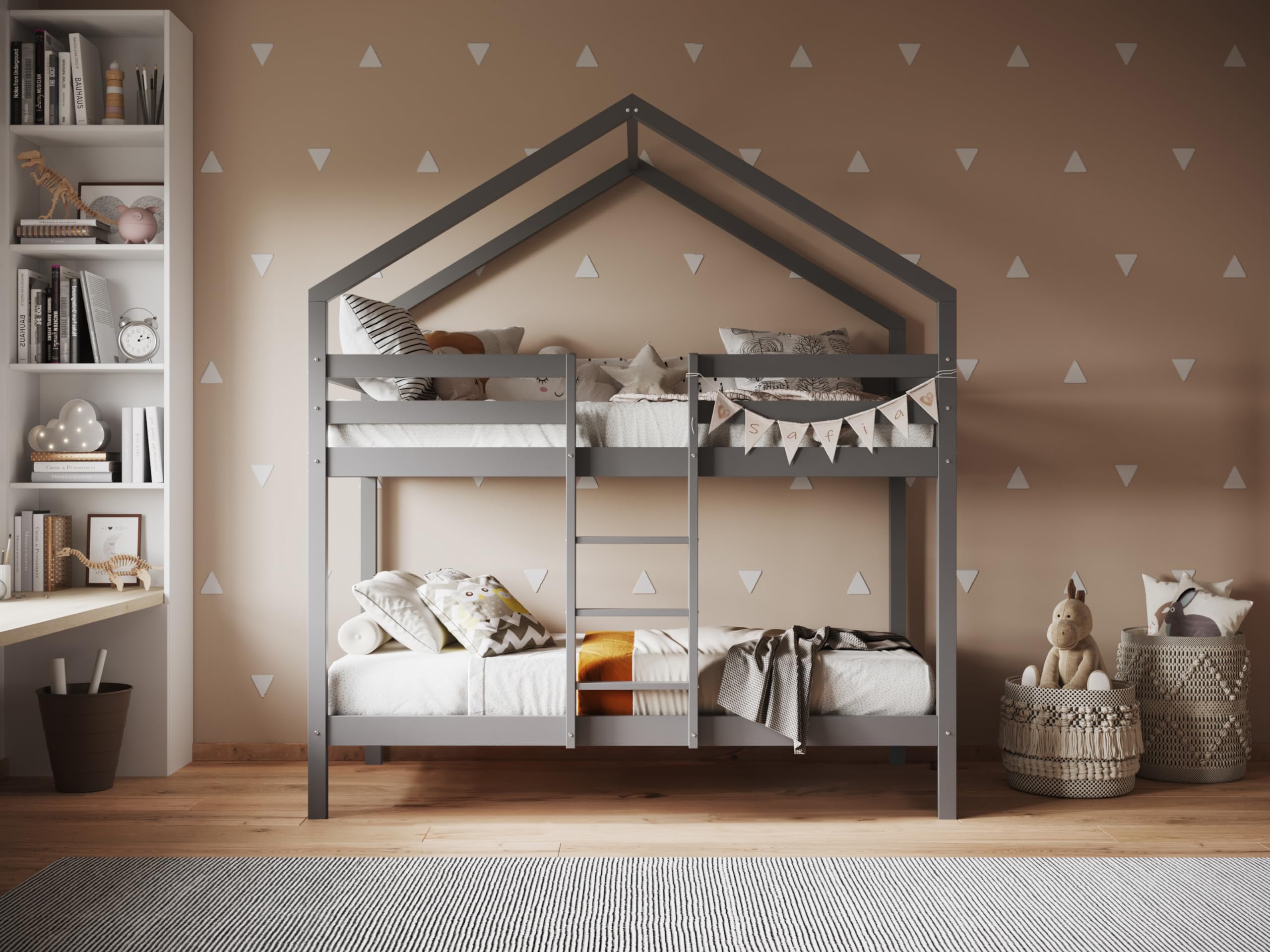 Flair Nest House Bunk Bed – Solid Pine Kids Bed with Storage, Grey