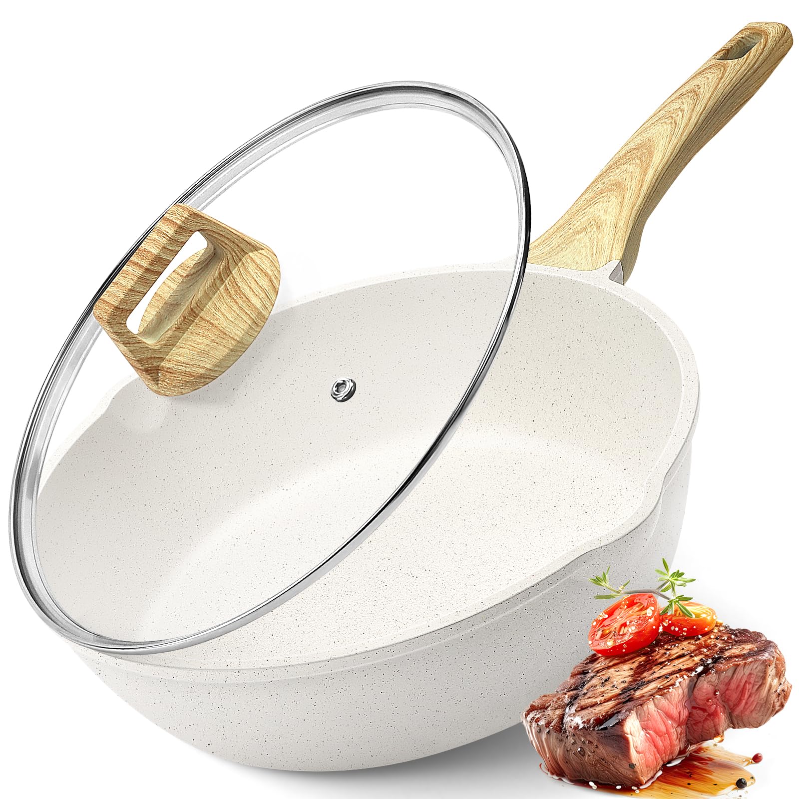 GiPP Nonstick Deep Frying Pan – 2.6L White Granite Saute Pan with Lid