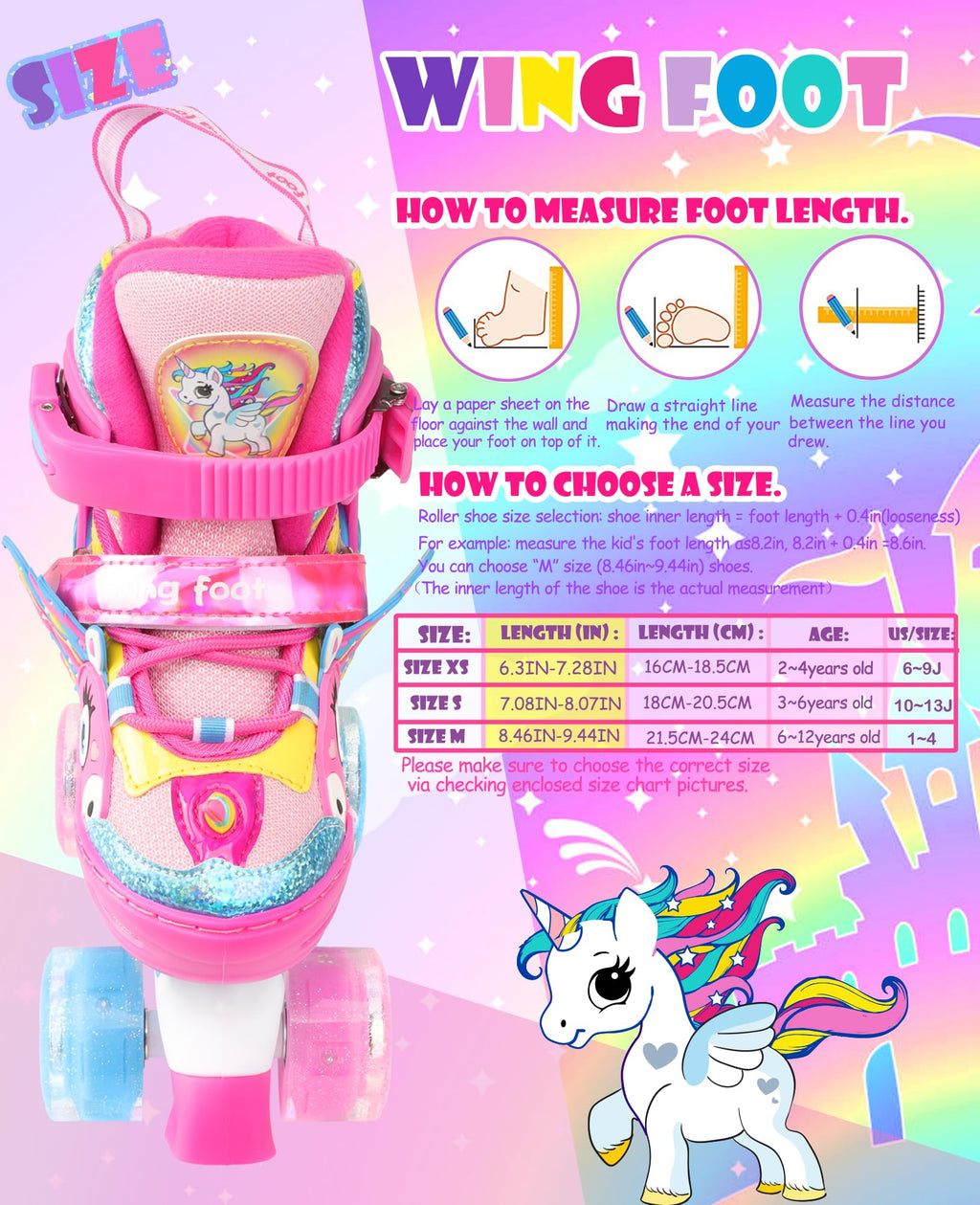 WESKIFAN Girls Unicorn Roller Skates | Adjustable Light Up Quad Skates