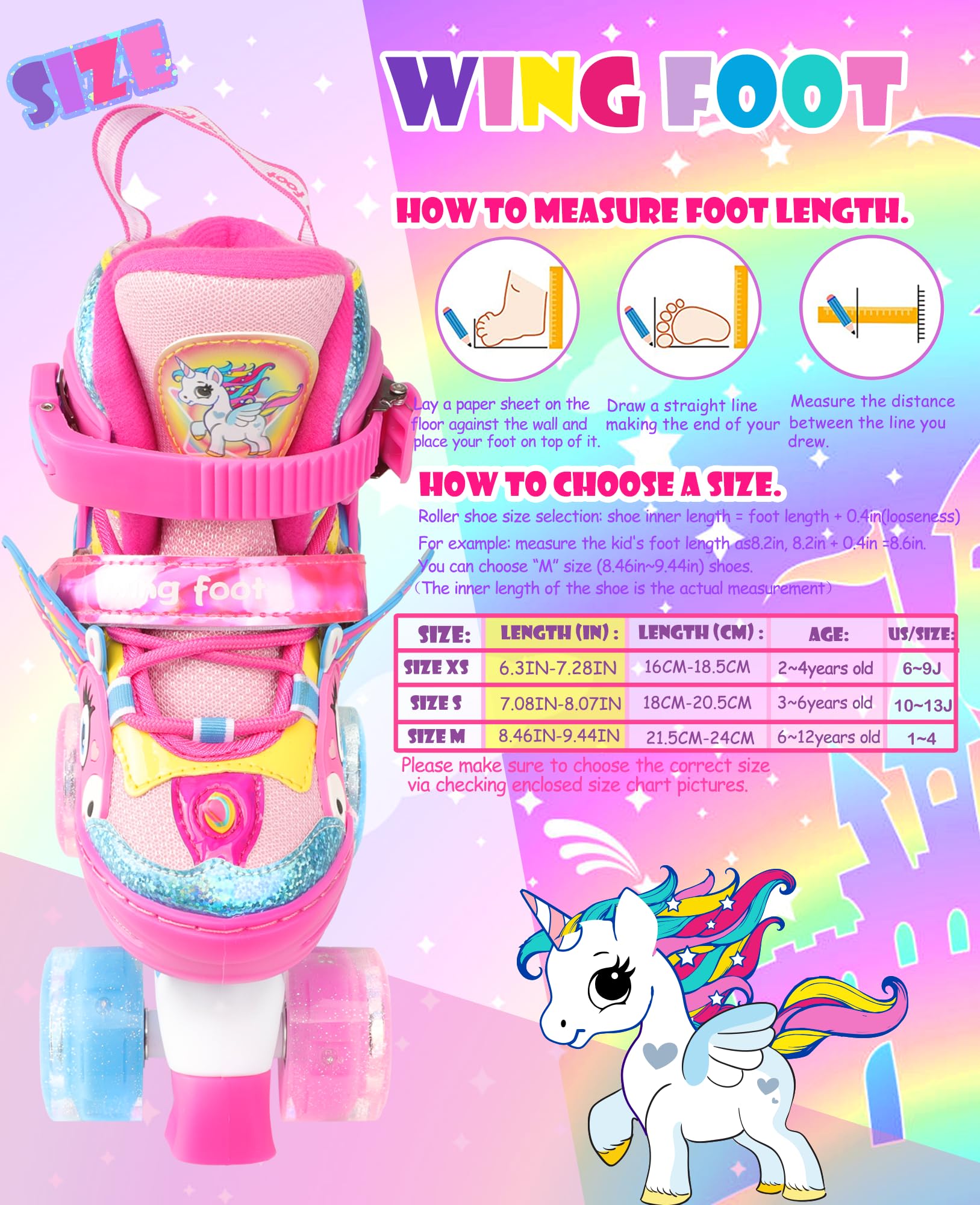 WESKIFAN Girls Unicorn Roller Skates | Adjustable Light Up Quad Skates