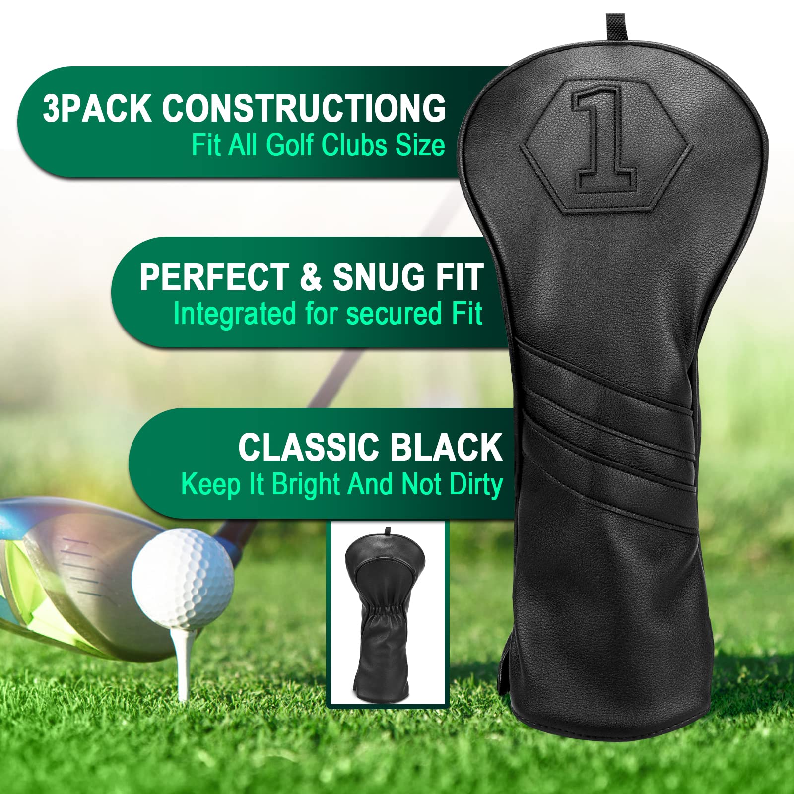 Golf Club Head Covers 3-Pack | Black PU Leather Wood Set