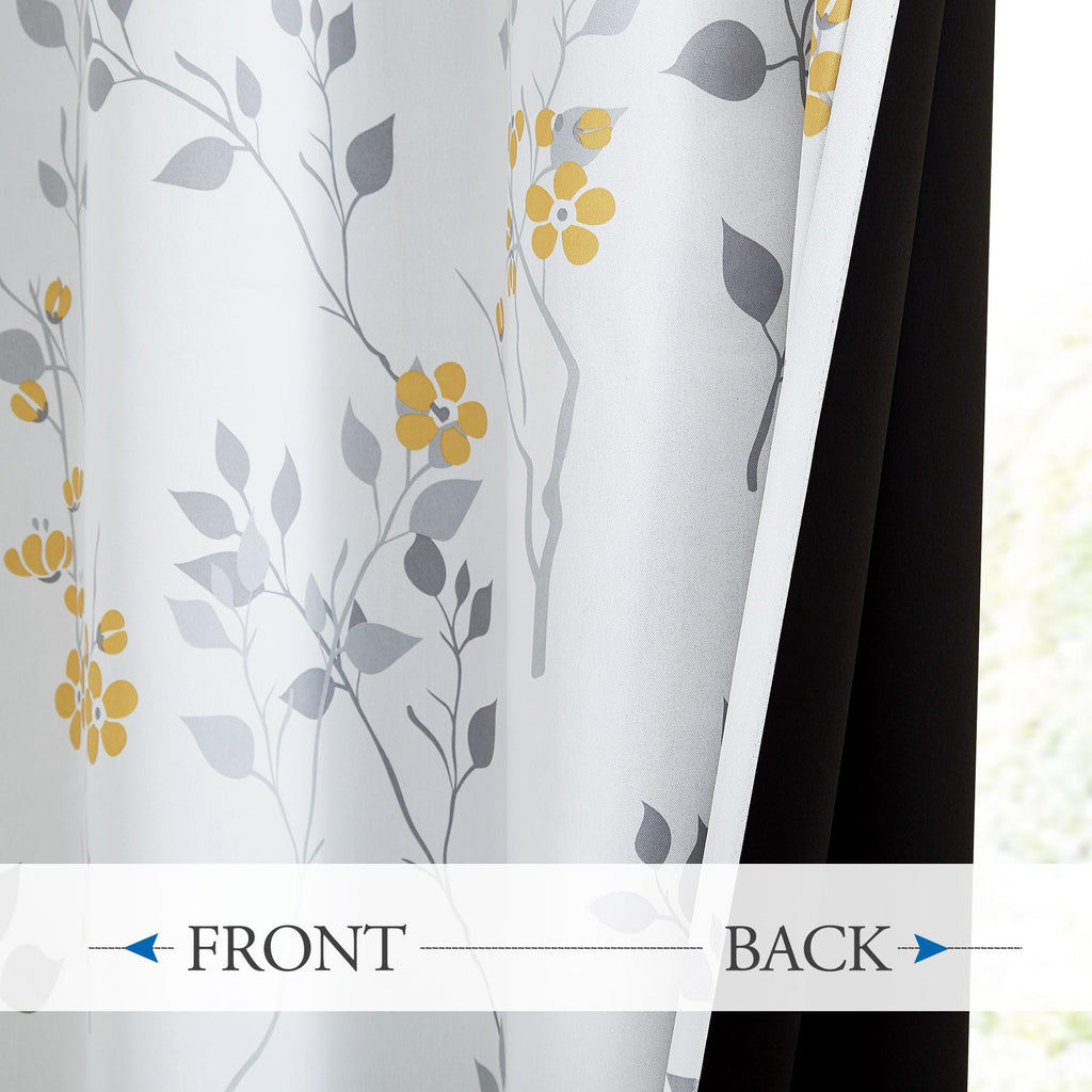 Yellow Grey Floral Blackout Curtains - 72 Inch Thermal Drapes