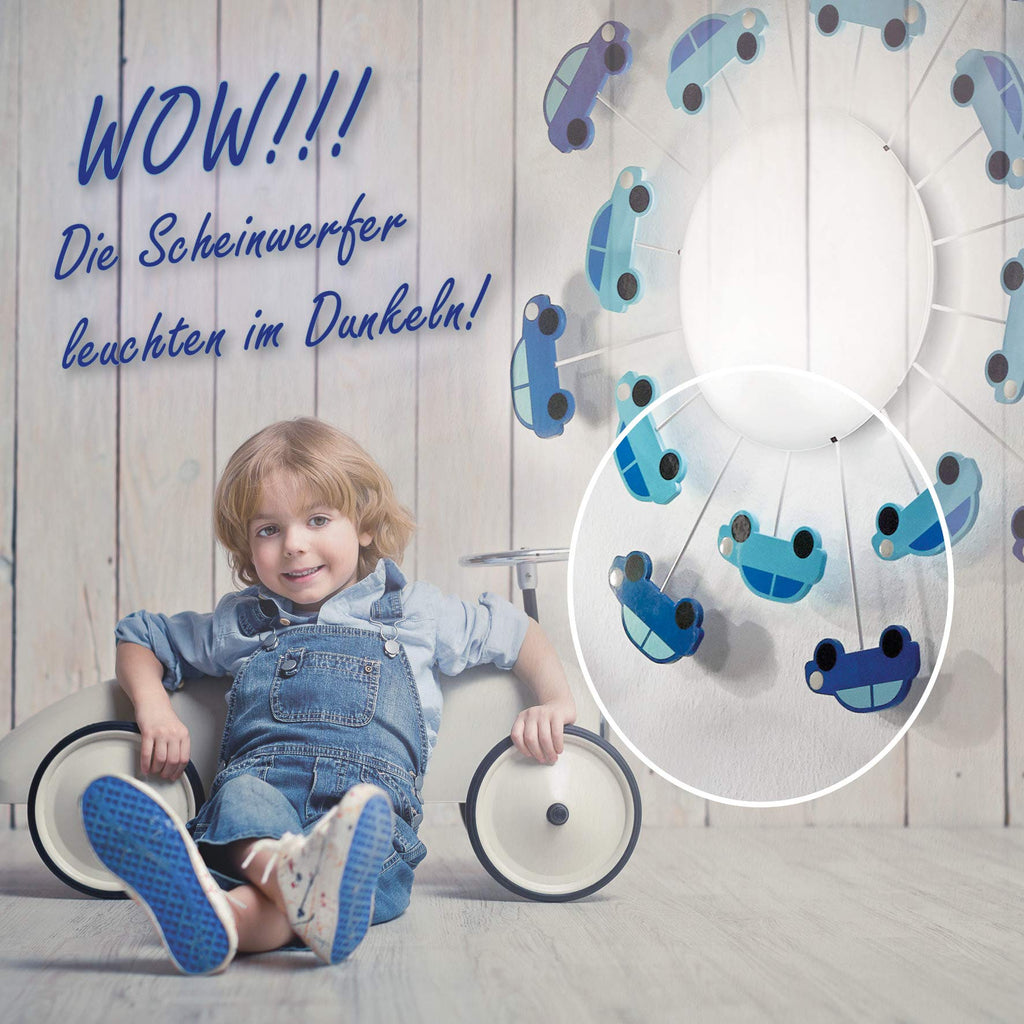Eglo Viki 1 Kids Car Ceiling Light | Blue Steel & Glow-in-Dark Glass