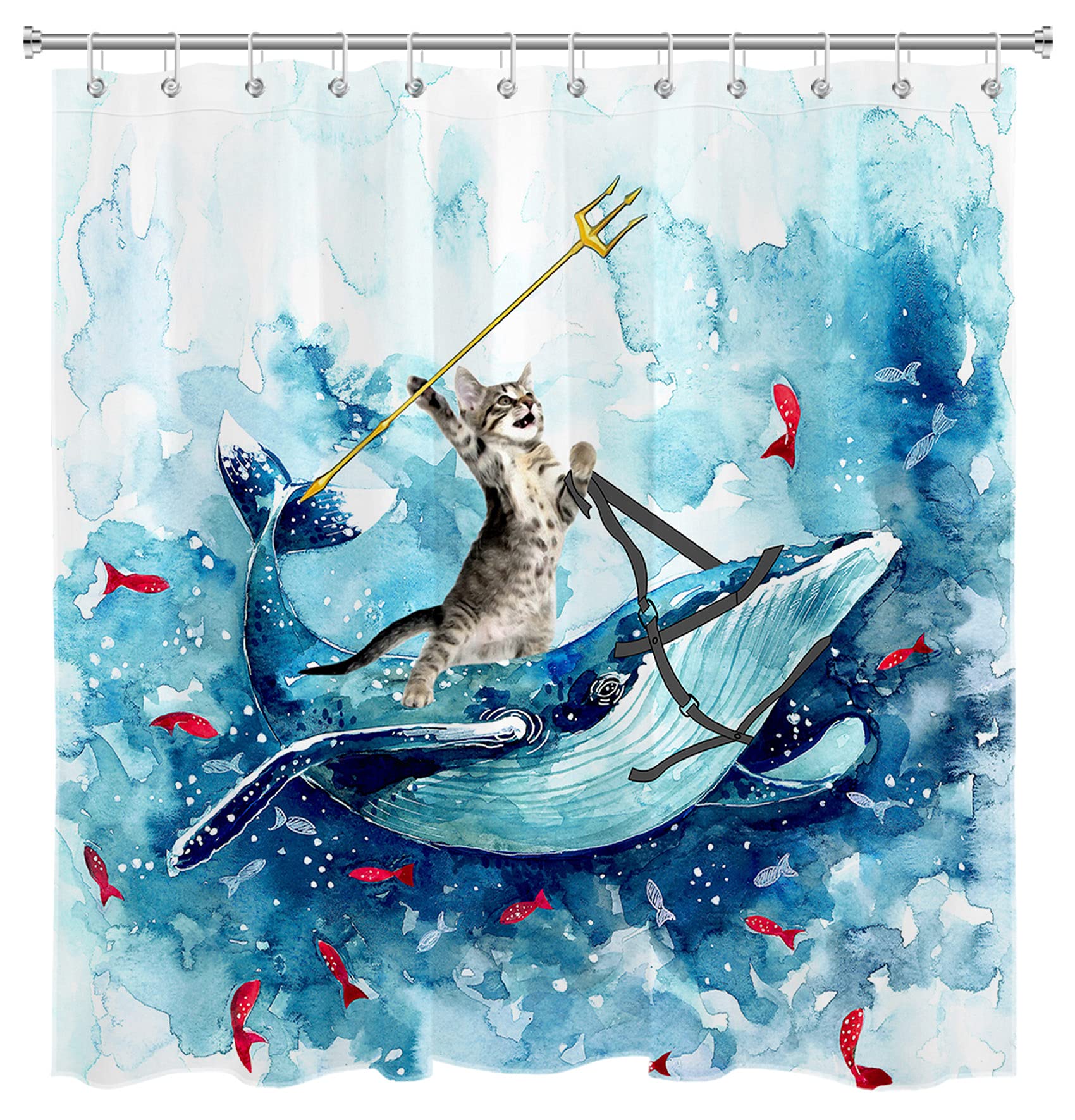 Funny Cat & Whale Shower Curtain | Waterproof Fabric 180x180cm