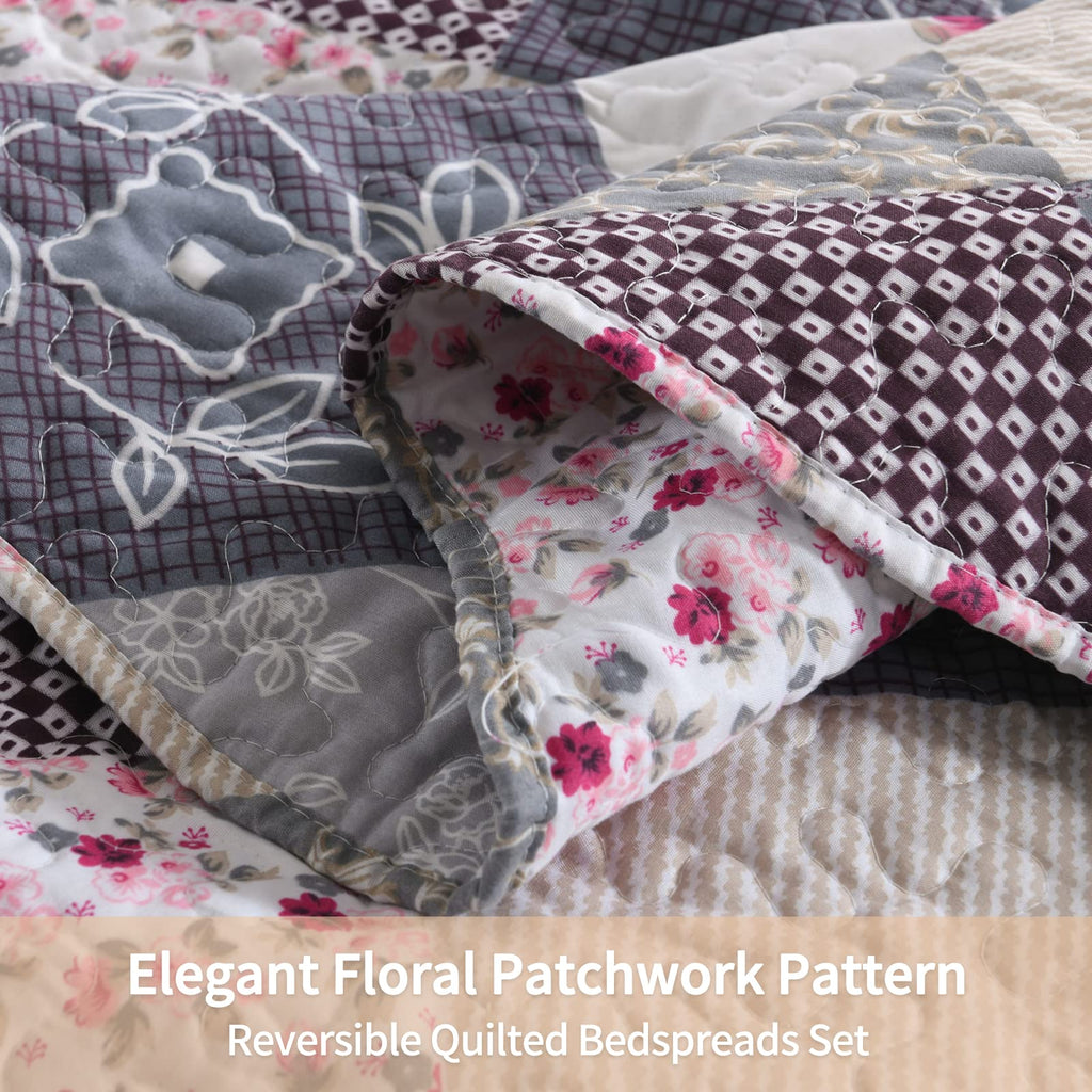 Qucover Super King Patchwork Quilt Set – Reversible Floral Microfiber