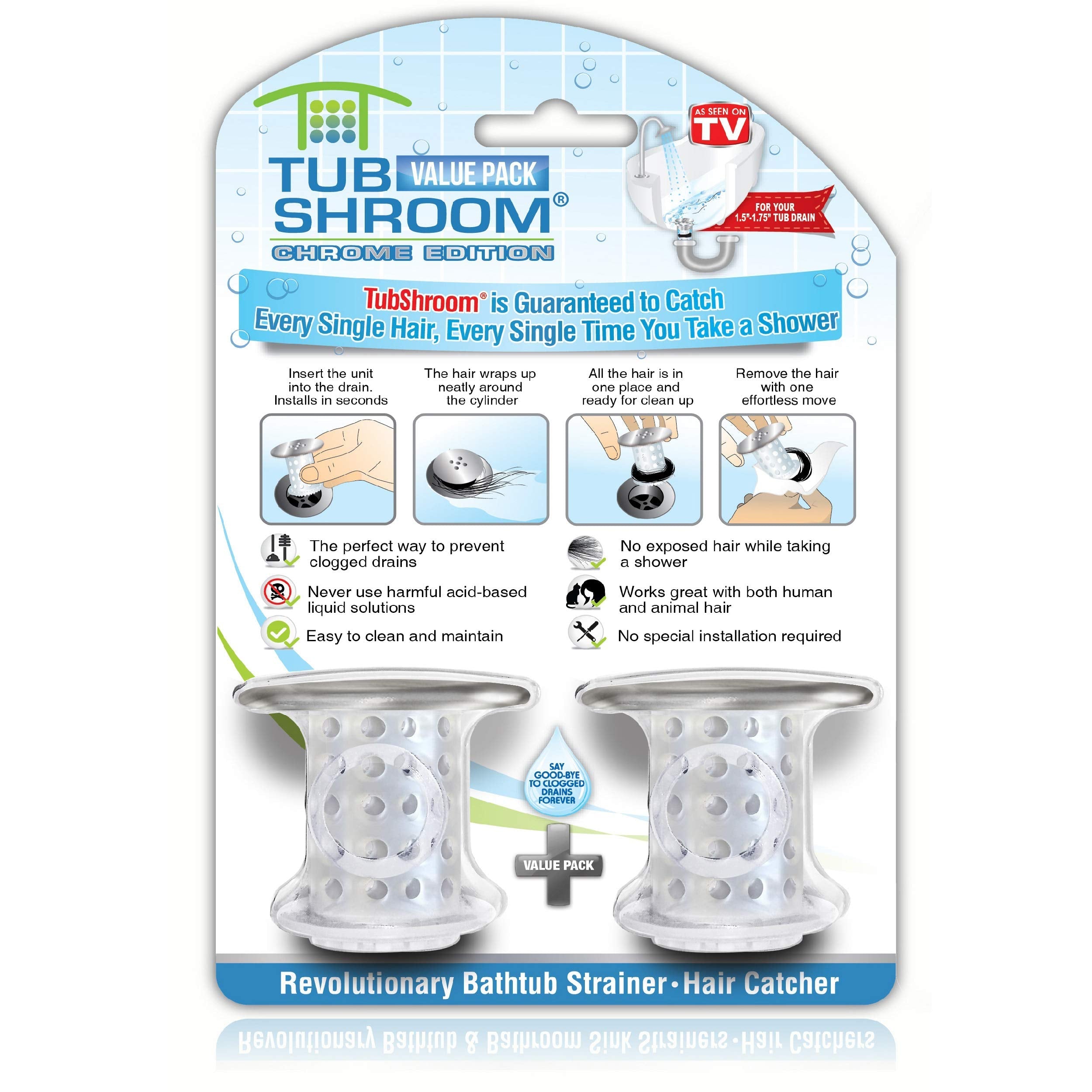 TubShroom Chrome Edition Hair Catcher Drain Protector, 1.5 Inch, 2 Pack