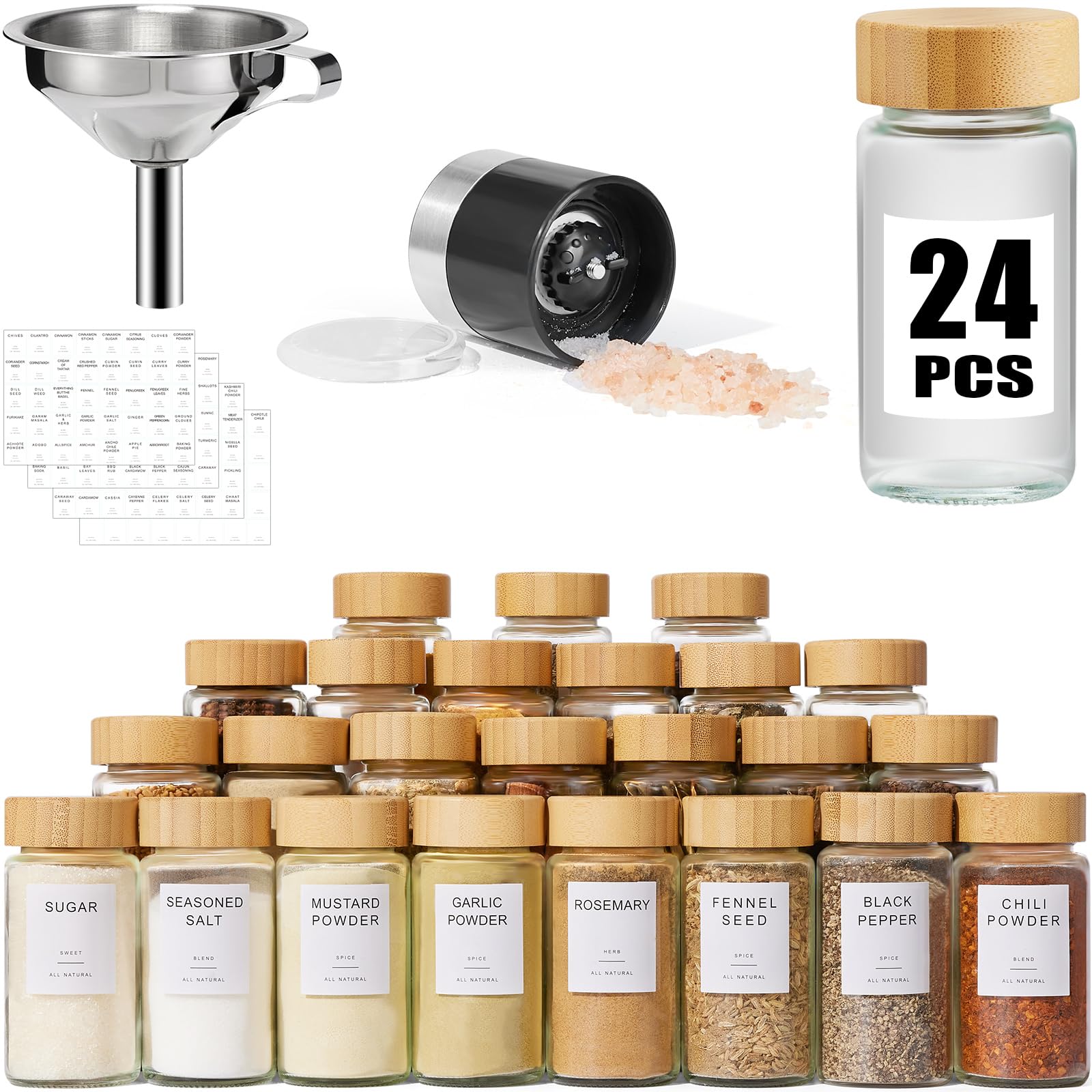 Yangbaga 24-Piece Glass Spice Jars with Bamboo Lids and Shaker Lids