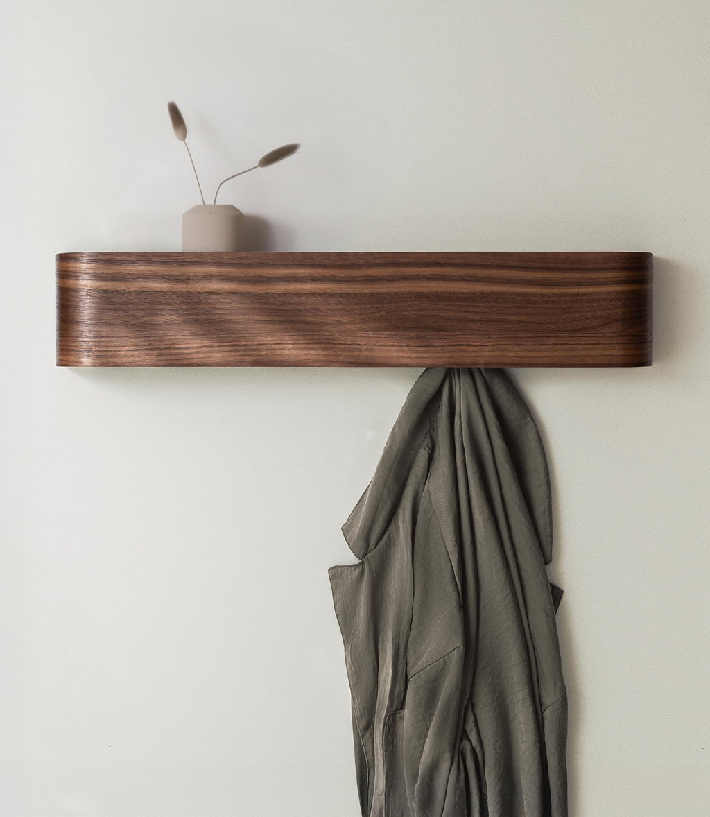 Kazai. Wall-Mounted Coat Rack 'Toke' | Modern Design Coat Rack with Hidden Wall Hooks | Solid Wood Veneer Panel Coat Hanger | Walnut - image 1