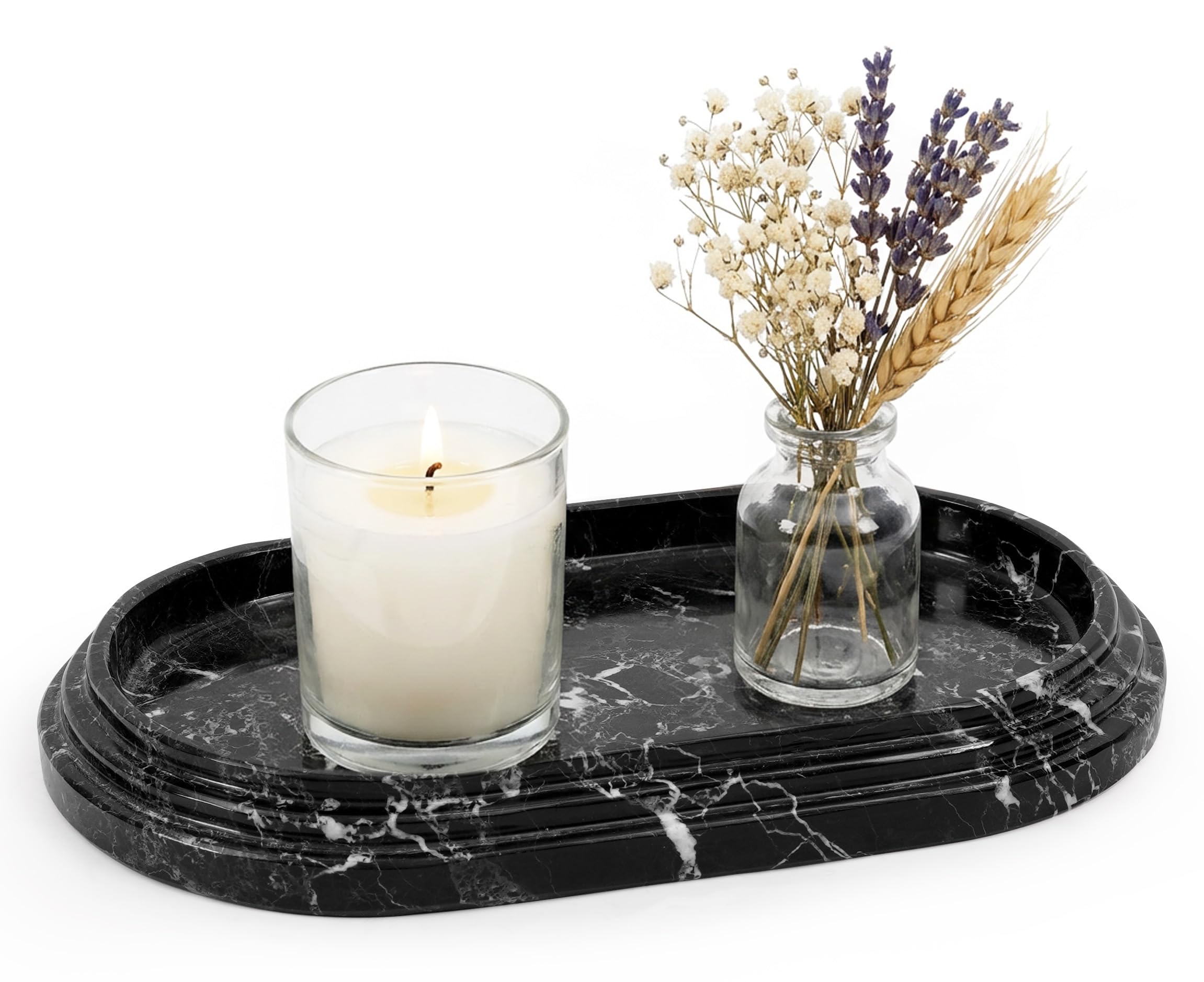 SPESHSTONES Black Marble Vanity Tray – 9.75 Inch Oval Jewelry & Perfume Holder