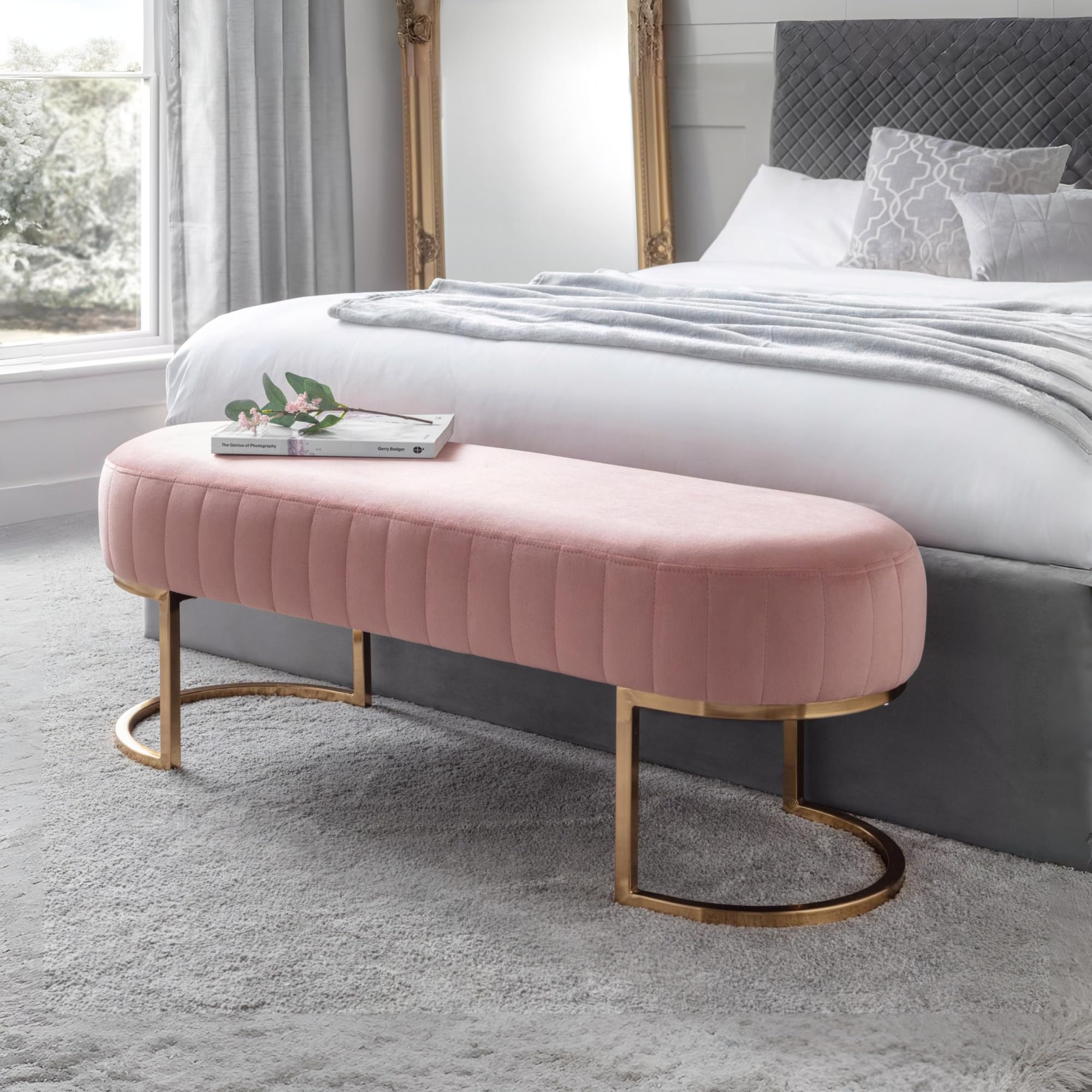 Julian Bowen Harrogate Velvet Bench – Pink Seating with Gold Legs