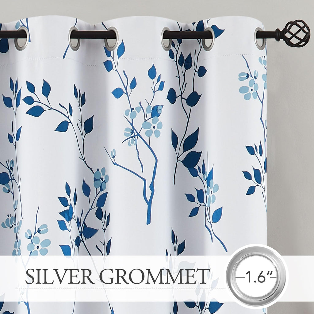 Beauoop Navy Blue Floral Blackout Curtains | Thermal Insulated 90 Inch Drop