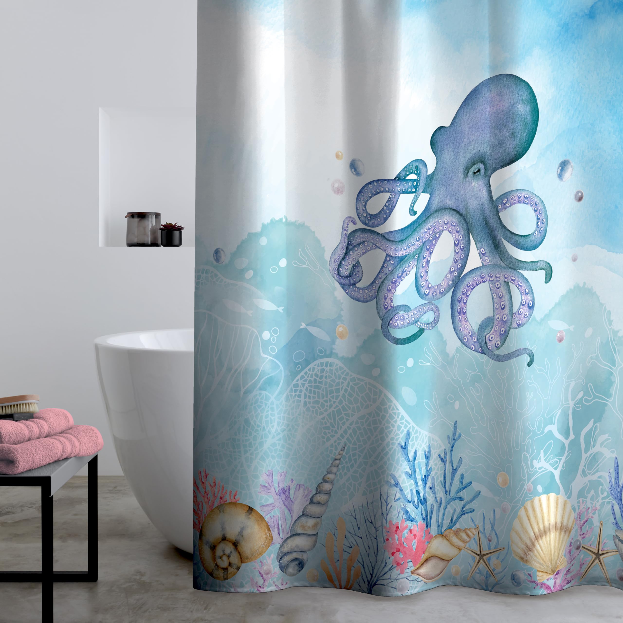 Catherine Lansfield Octopus Shower Curtain – Blue 100% Polyester 180x180cm