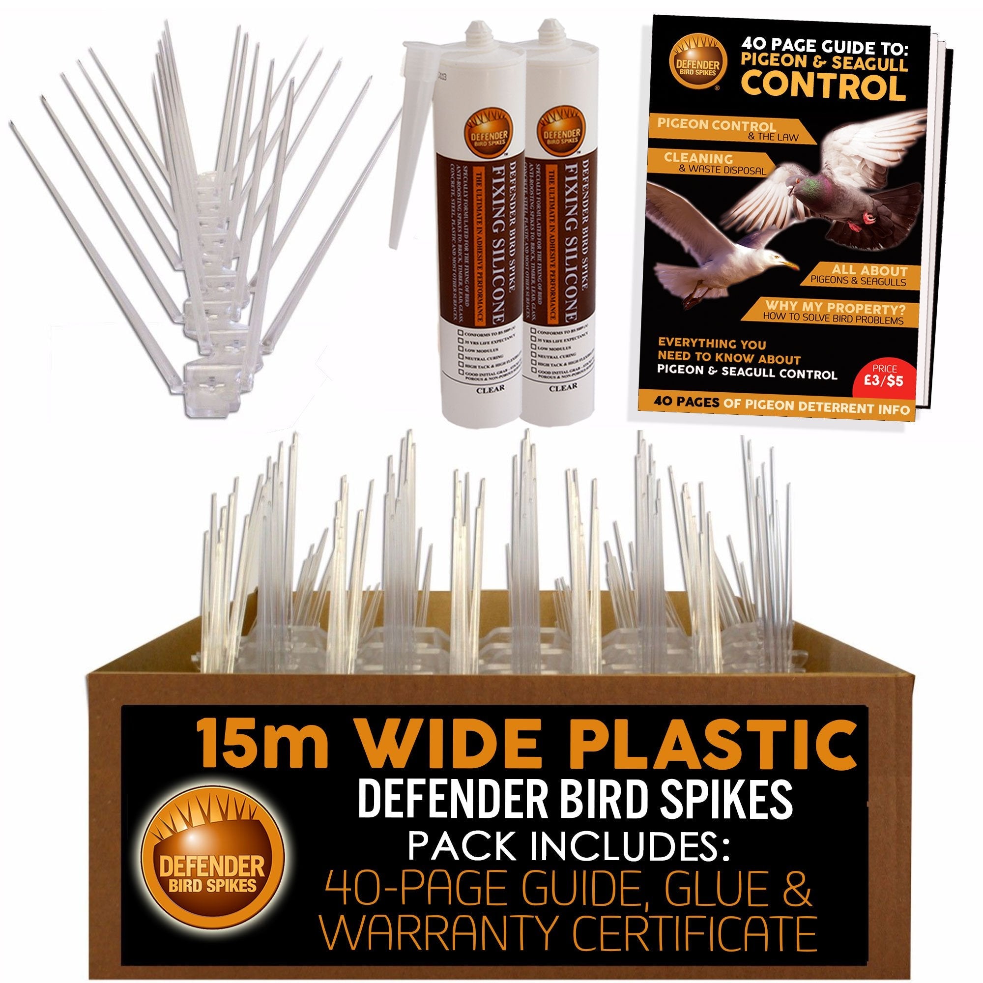 Defender Wide Plastic Bird Spikes - 15m Pigeon Deterrent Kit with Glue
