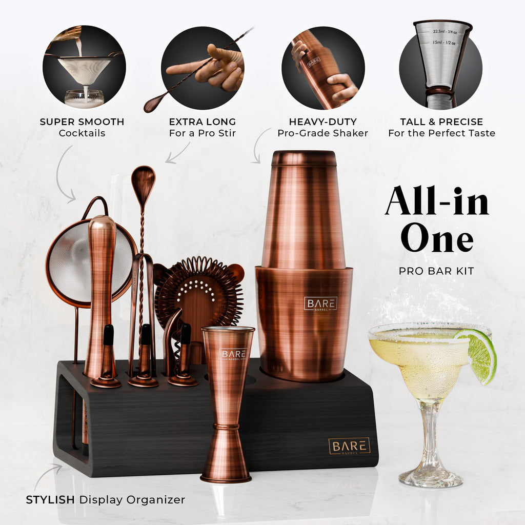 Bare Barrel 14-Piece Cocktail Making Kit with Bamboo Stand & Recipes