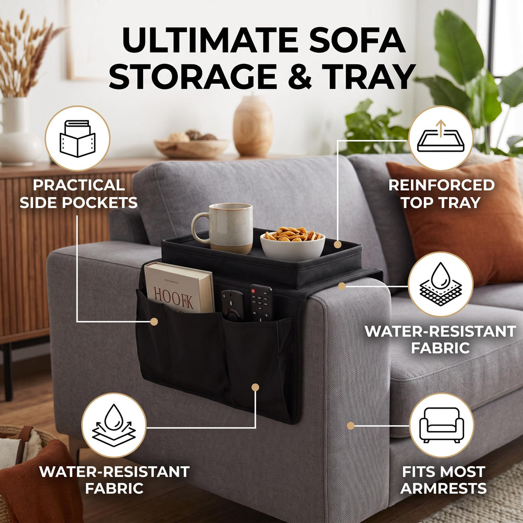 Ejoyous Sofa Armrest Organizer, 4 Pockets Couch Bag for TV Remote Control, Oxford Cloth Armchair Storage with Cup Holder Tray Black