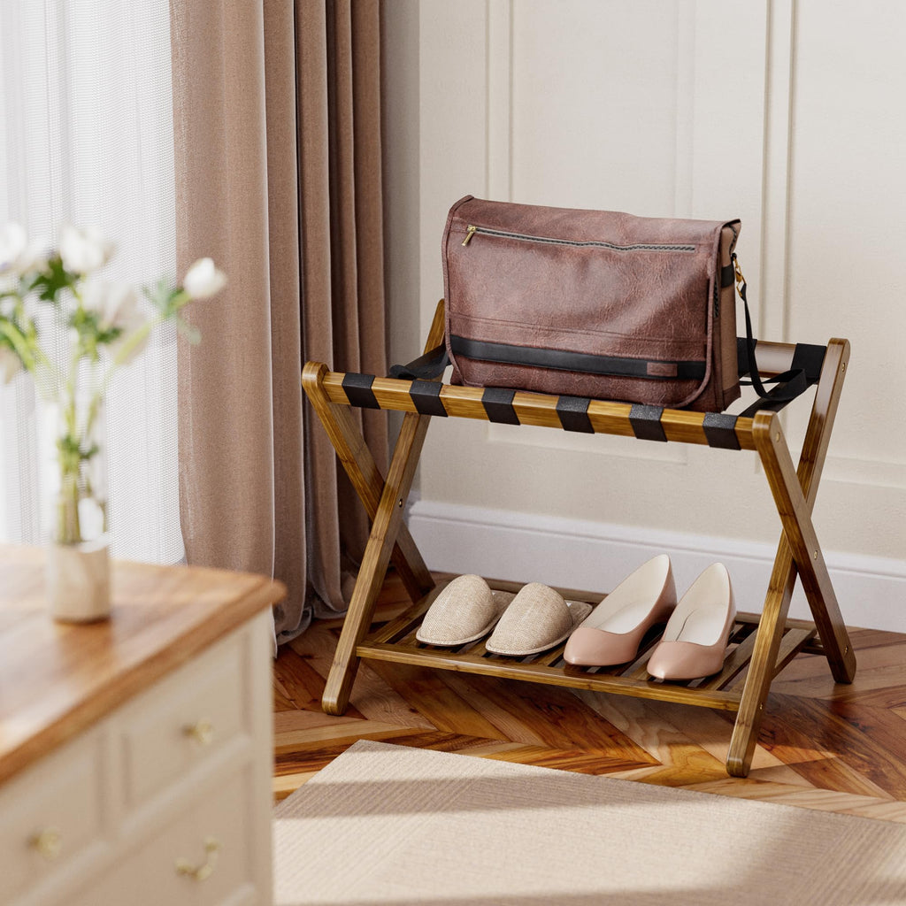 SMIBUY Foldable Bamboo Luggage Rack with Storage Shelf - Walnut