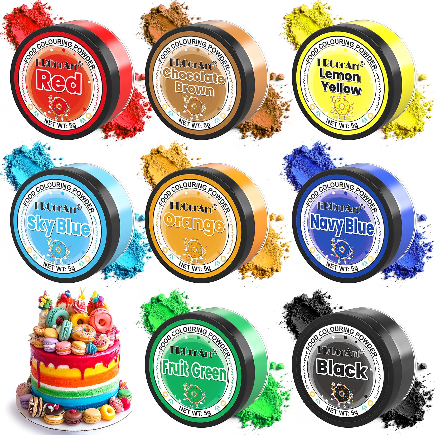 ERCorArt Edible Food Colouring Powder - 8 High Bright Colours for Baking